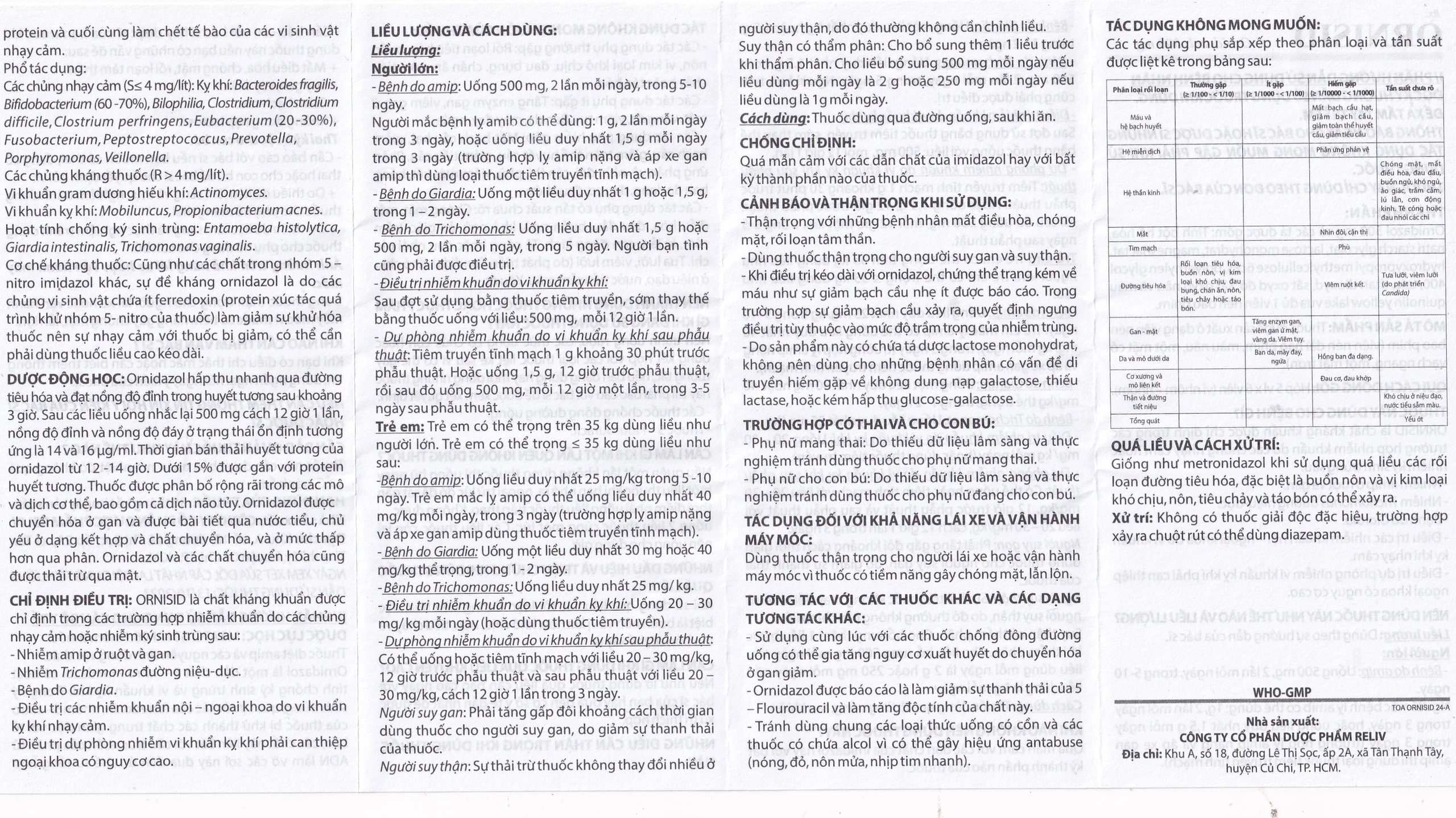 Thuốc Ornisid 500mg Reliv điều trị nhiễm amip ở ruột và gan (5 vỉ x 6 viên)