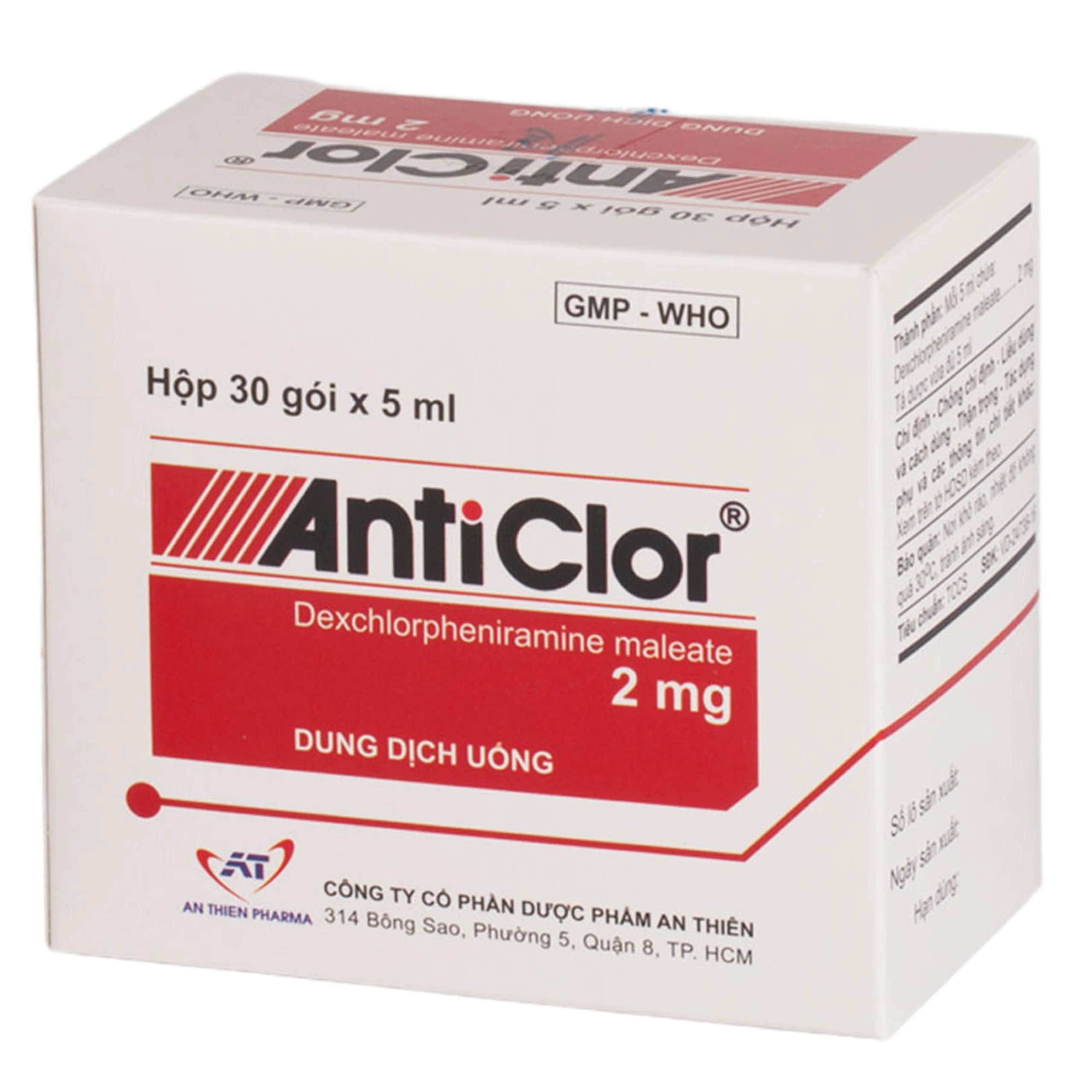 Dung dịch uống AntiClor 2mg An Thiên điều trị viêm mũi, viêm kết mạc, mề đay (30 gói x 5ml)