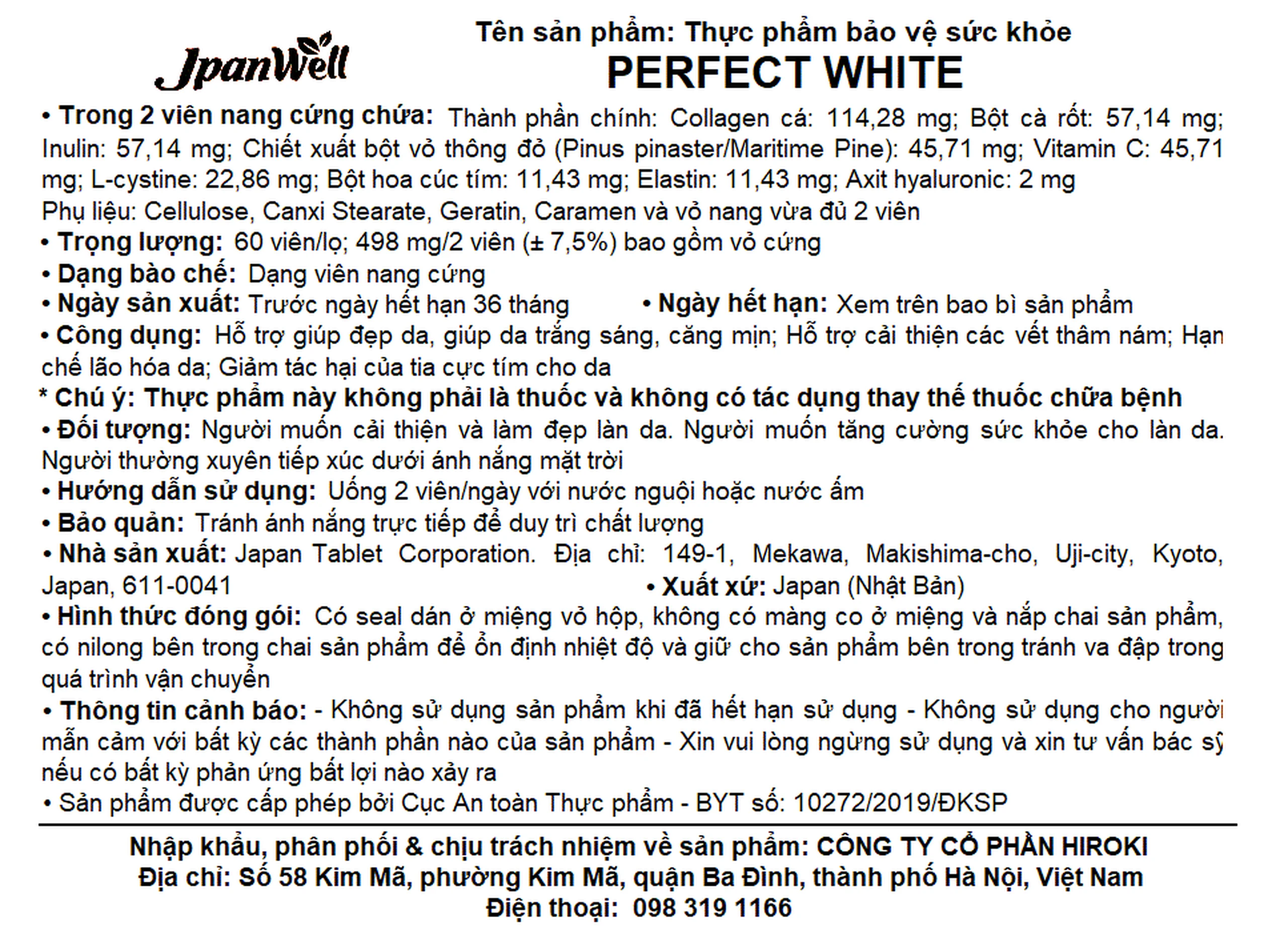 Viên uống hỗ trợ làm đẹp da, giúp da trắng sáng, cải thiện thâm nám, hạn chế lão hóa da Perfect White Jpanwell (60 viên)