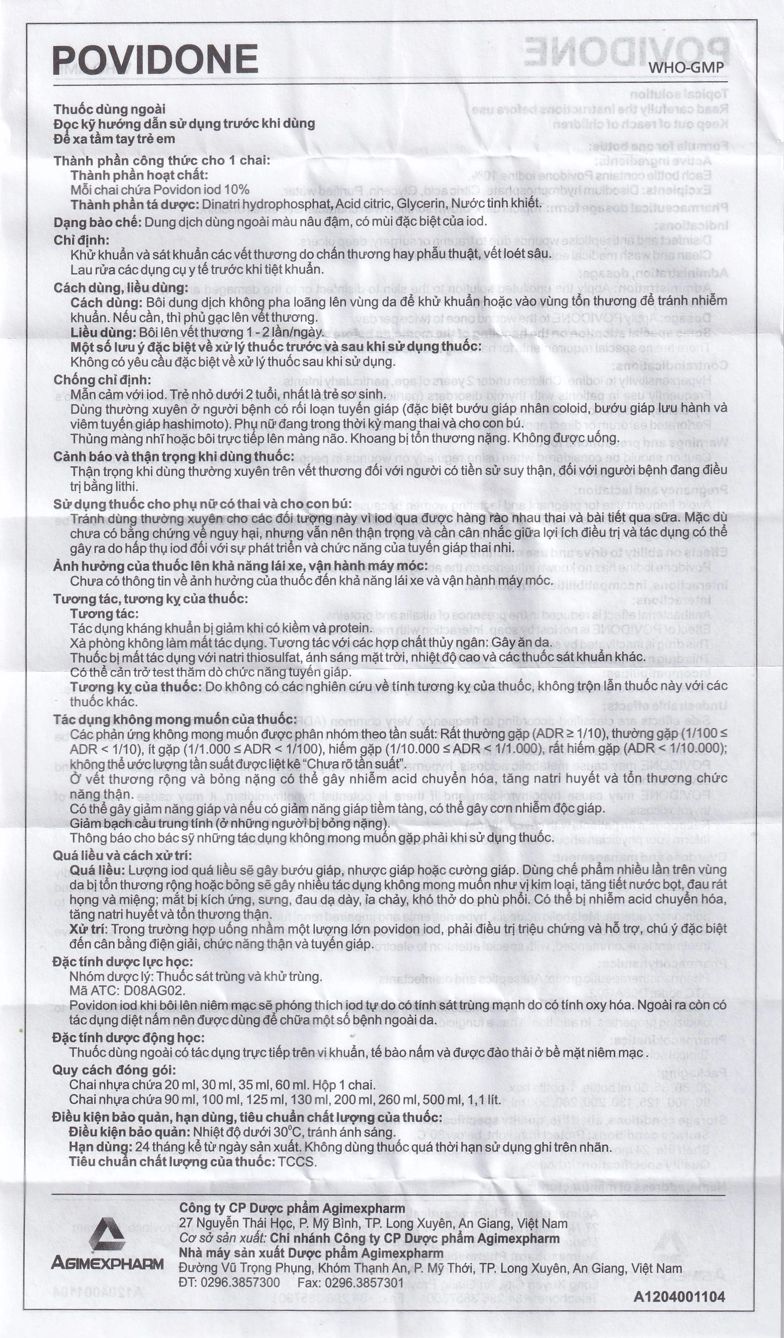 Povidone 10% Agimex 20ML sát trùng vết thương hay phẫu thuật, vết loét sâu