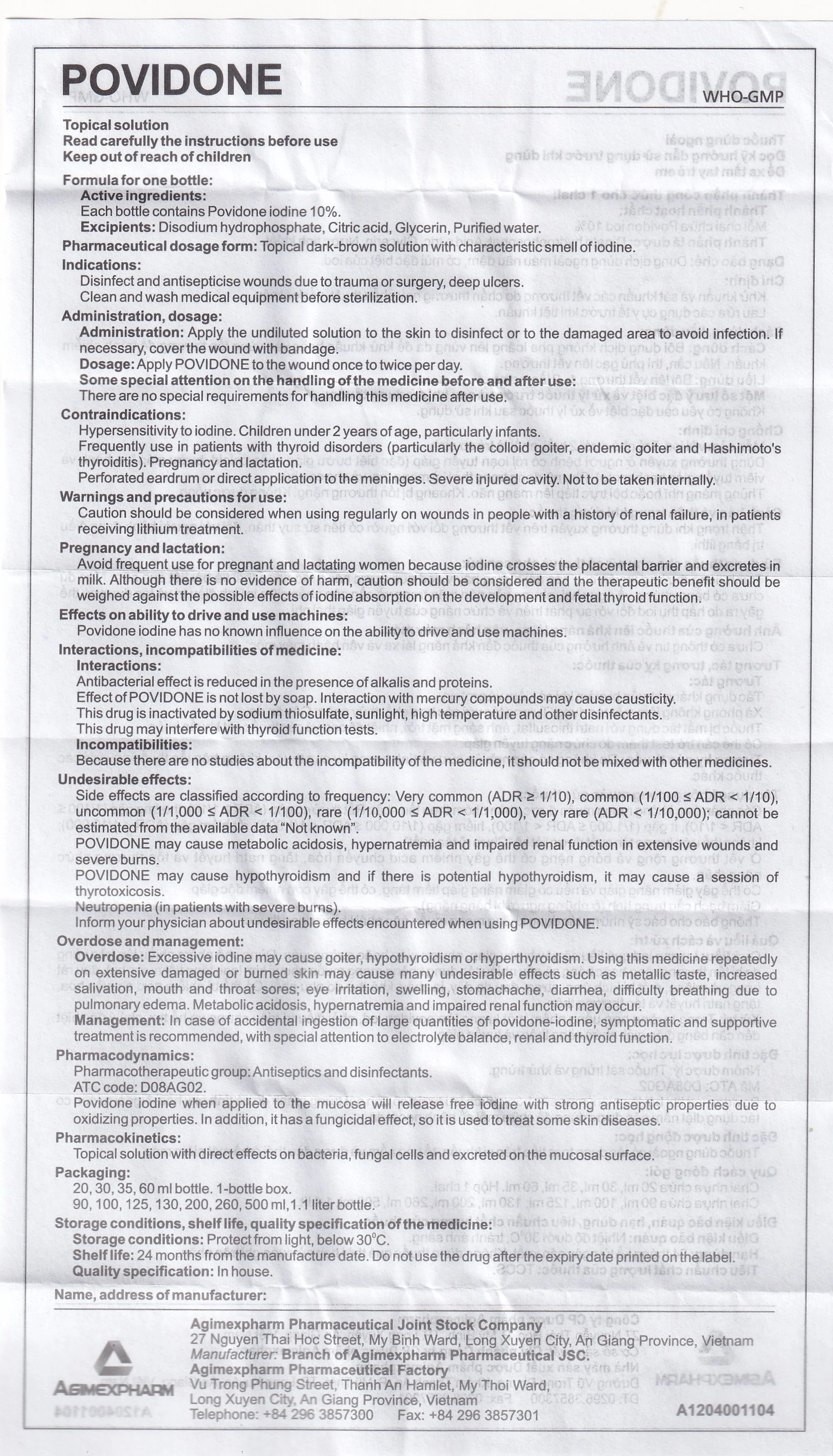 Povidone 10% Agimex 20ML sát trùng vết thương hay phẫu thuật, vết loét sâu