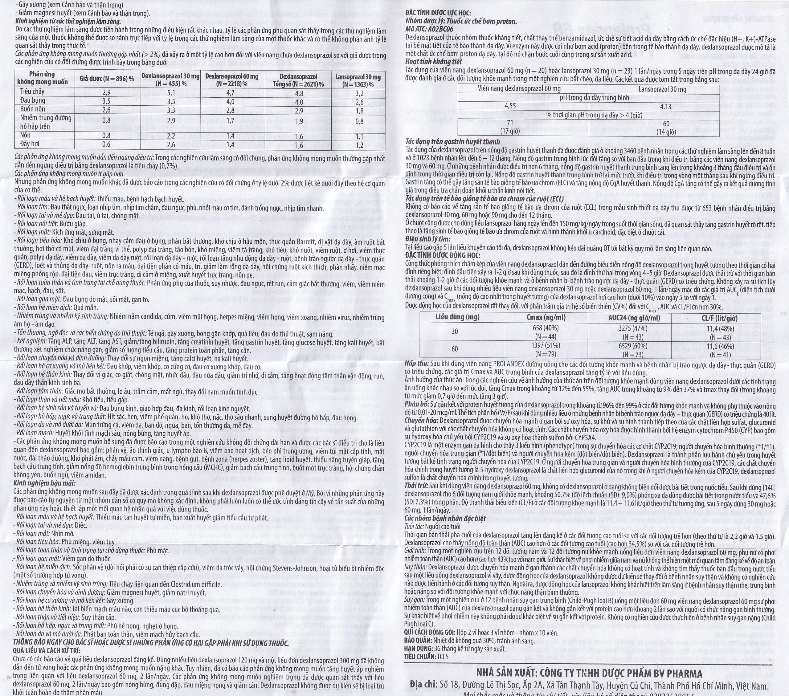 Thuốc Prolandex 60mg BV pharma điều trị ợ nóng liên quan bệnh trào ngược dạ dày - thực quản (2 vỉ x 10 viên)