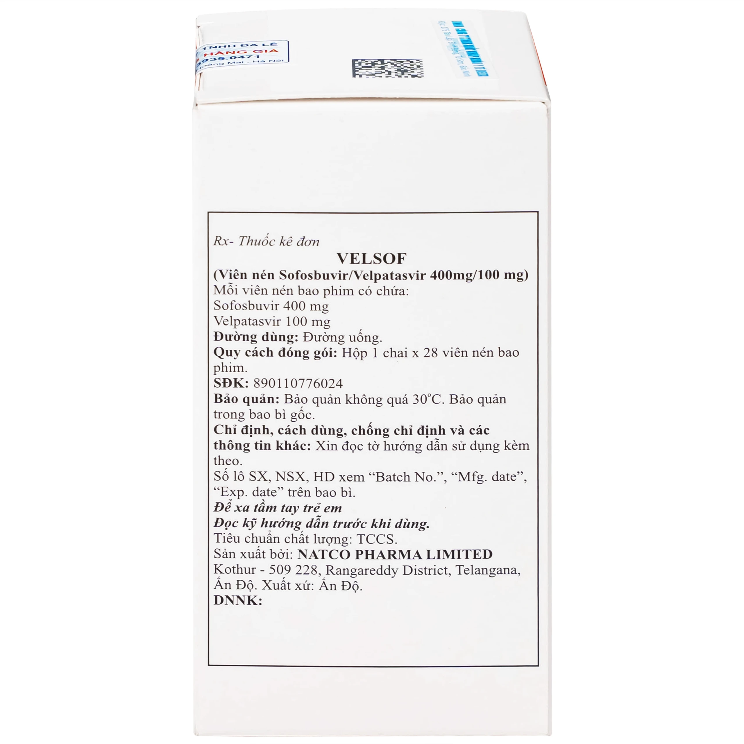 Thuốc Velsof 400mg/100mg Natco điều trị viêm gan virus C mạn tính ở người lớn (28 viên)