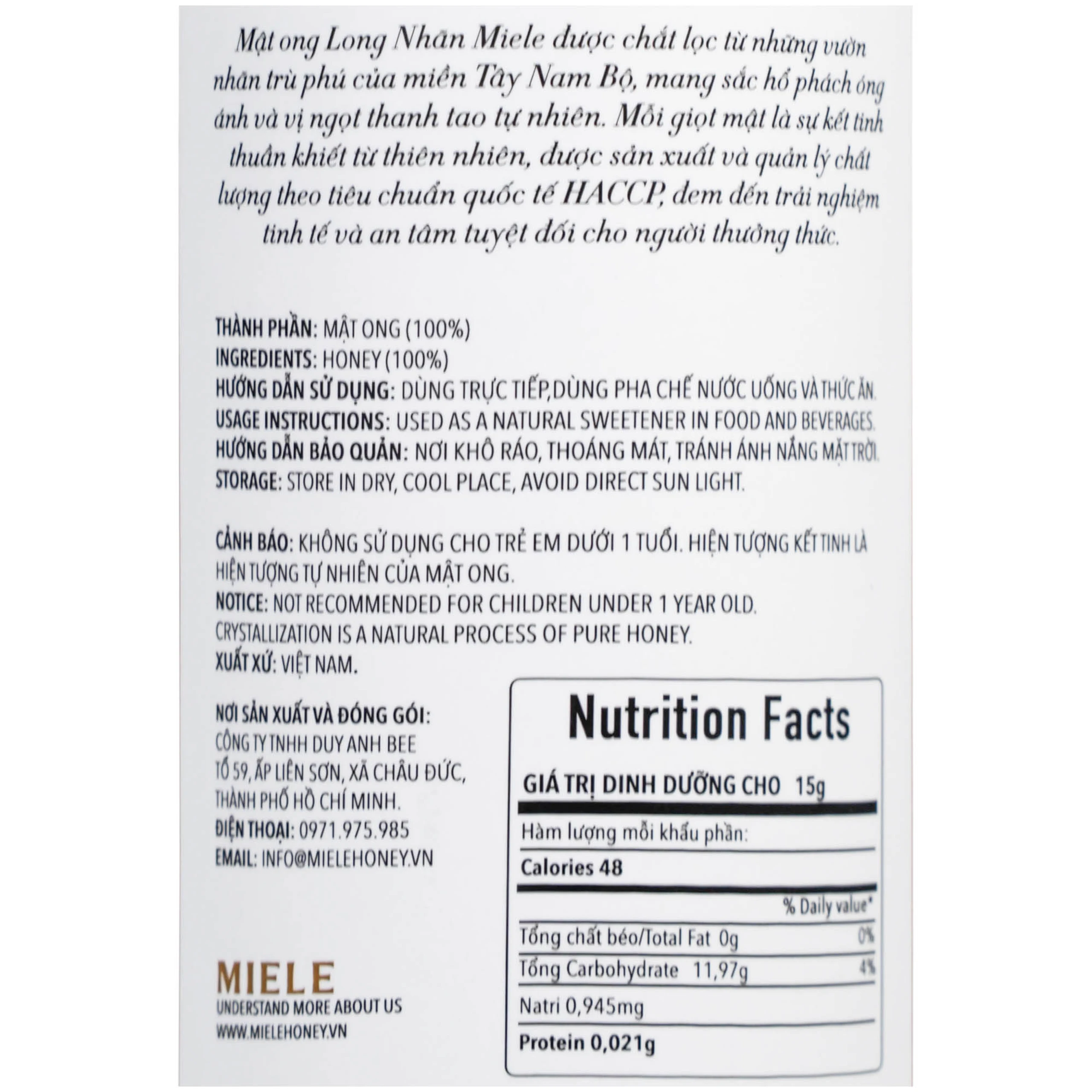 Mật ong Long Nhãn Miele nguyên chất, tự nhiên (710g)