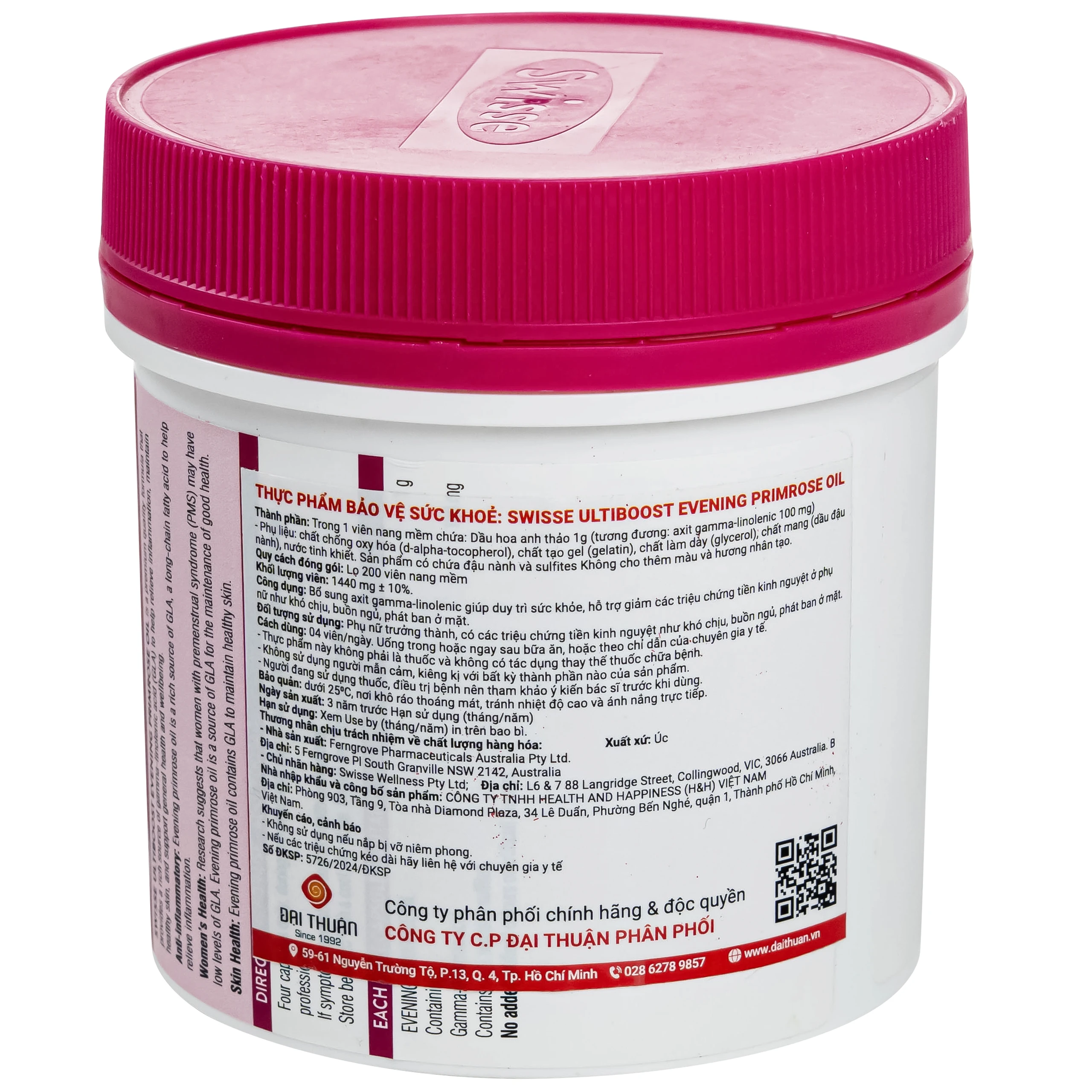 Viên uống hỗ trợ giảm triệu chứng tiền kinh nguyệt Evening Primrose Oil Swisse (200 viên)