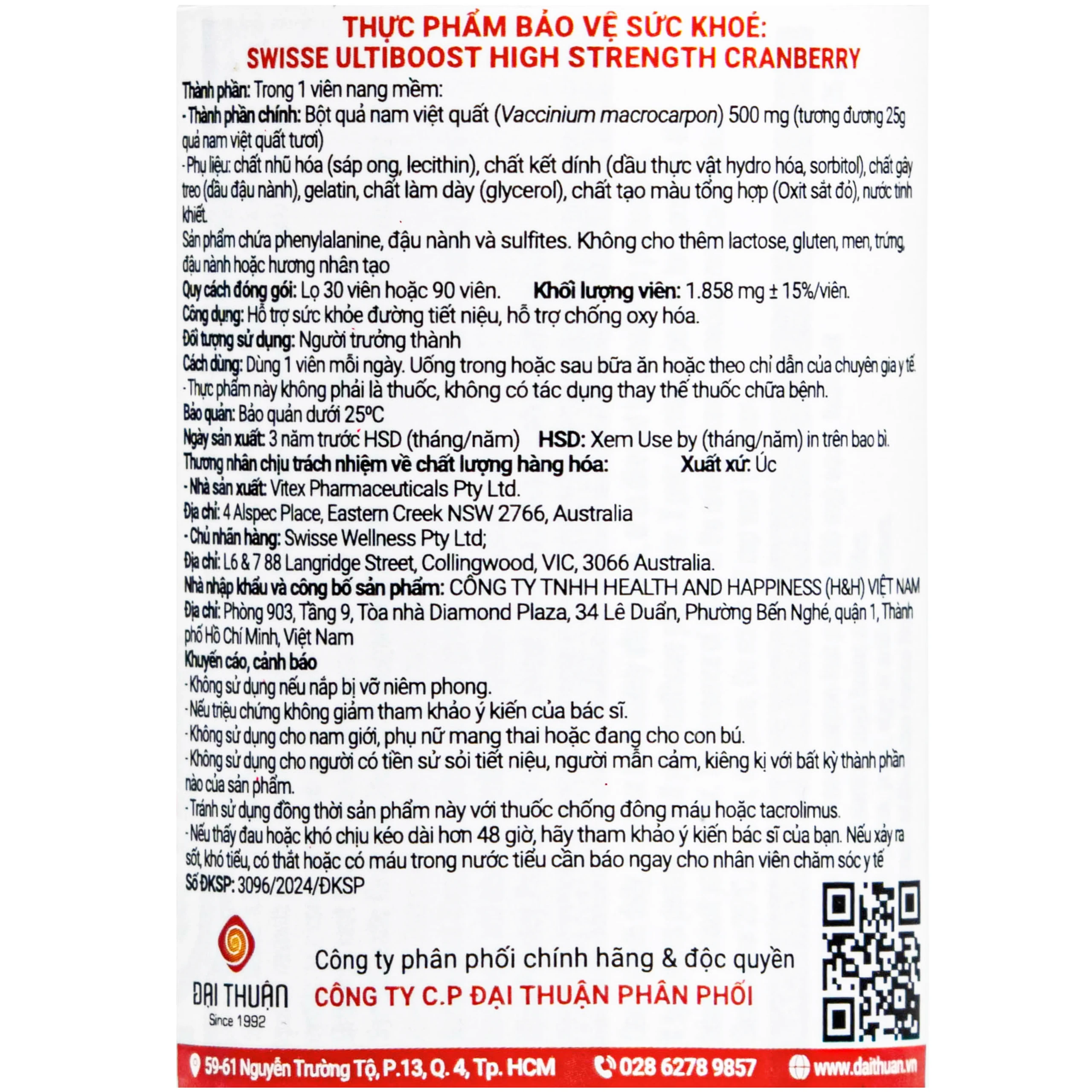 Viên uống hỗ trợ sức khỏe đường tiết niệu High Strength Cranberry Swisse (30 viên)
