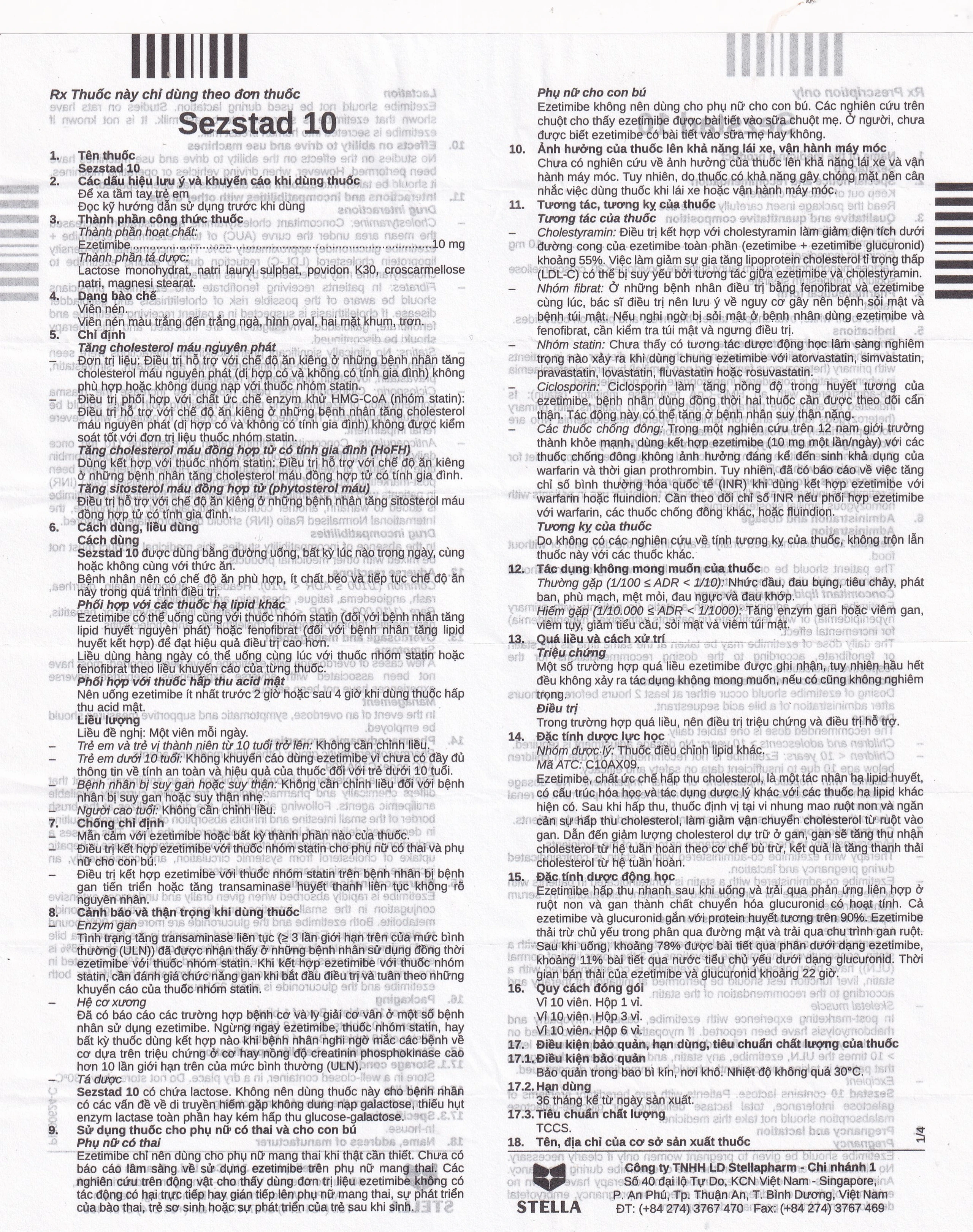 Thuốc Sezstad 10 Stella điều trị tăng cholesterol máu nguyên phát (6 vỉ x 10 viên)