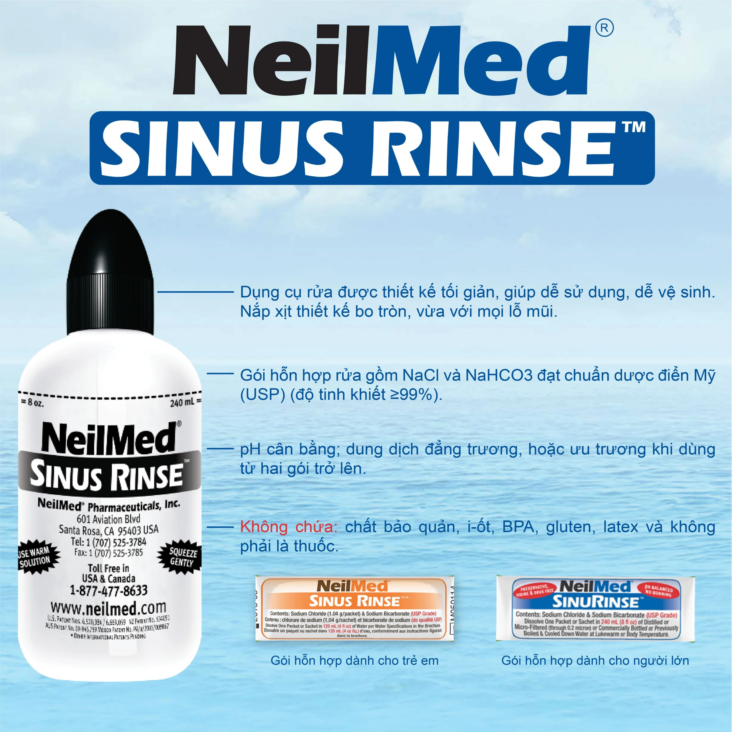 Bộ rửa mũi Neilmed Sinus Rinse (1 bình + 60 gói) làm sạch và ngăn ngừa viêm xoang, viêm mũi dị ứng