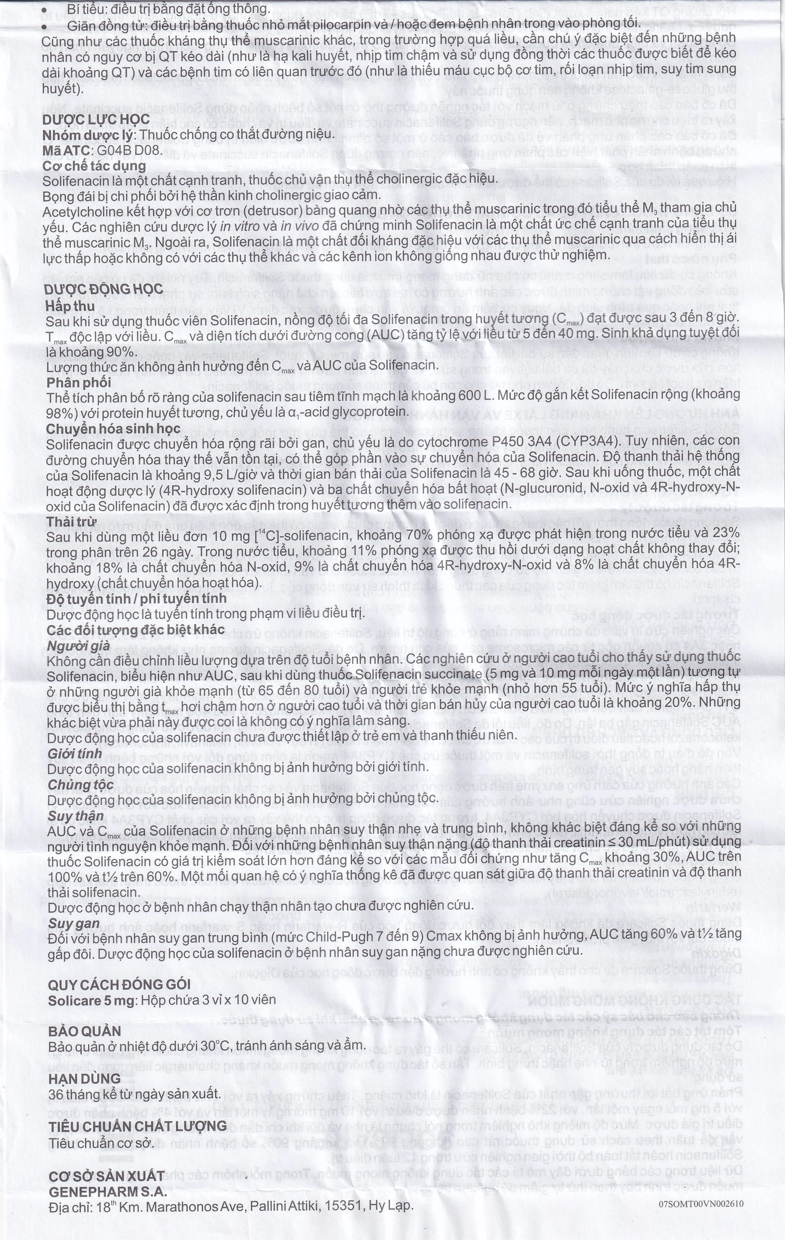 Thuốc Solicare 5mg Genepharm điều trị tiểu không kiểm soát do bàng quang kích thích (3 vỉ x 10 viên)