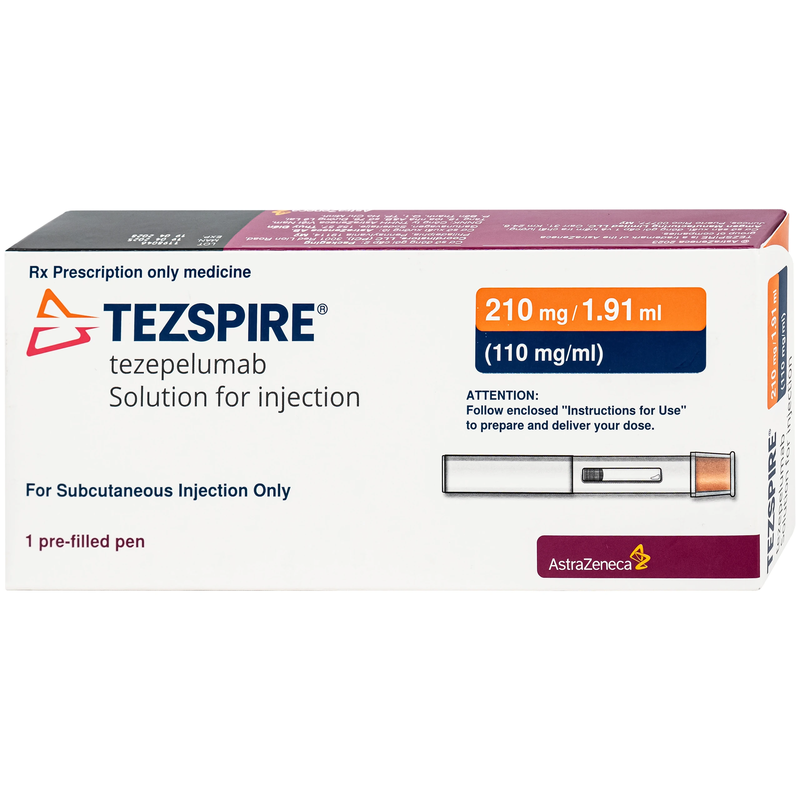Dung dịch bút tiêm Tezspire 210mg Astrazeneca được chỉ định điều trị duy trì cho người lớn và trẻ vị thành niên từ 12 tuổi trở lên bị hen nặng (1.91ml)