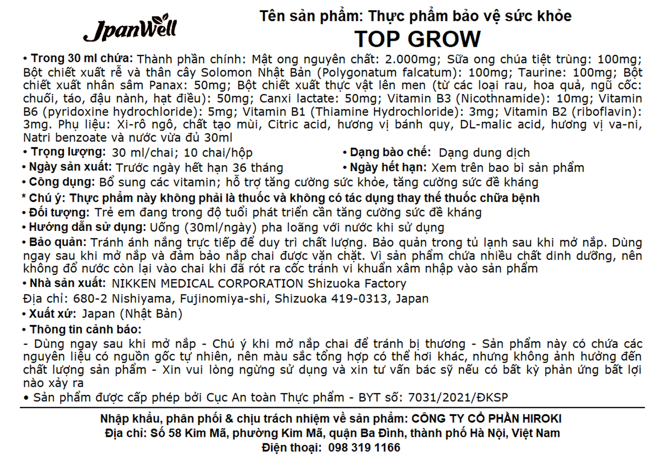 Siro bổ sung các vitamin hỗ trợ tăng cường sức đề kháng Top Grow Jpanwell (10 chai x 30ml)