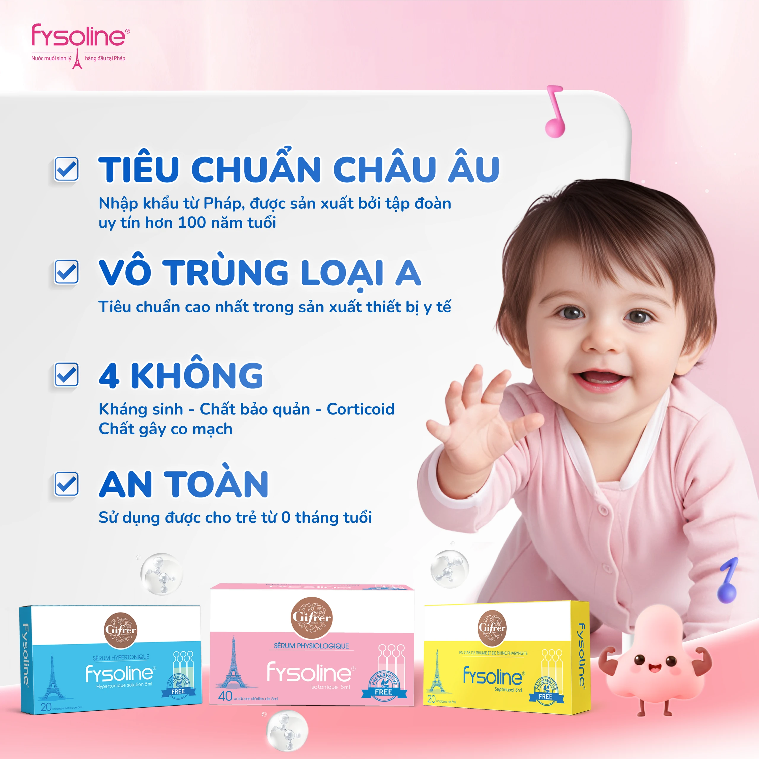 Nước muối sinh lý Fysoline Septinasal (20 ống x 5ml) giúp giảm sổ mũi, viêm mũi, nghẹt mũi, dùng được cho trẻ sơ sinh