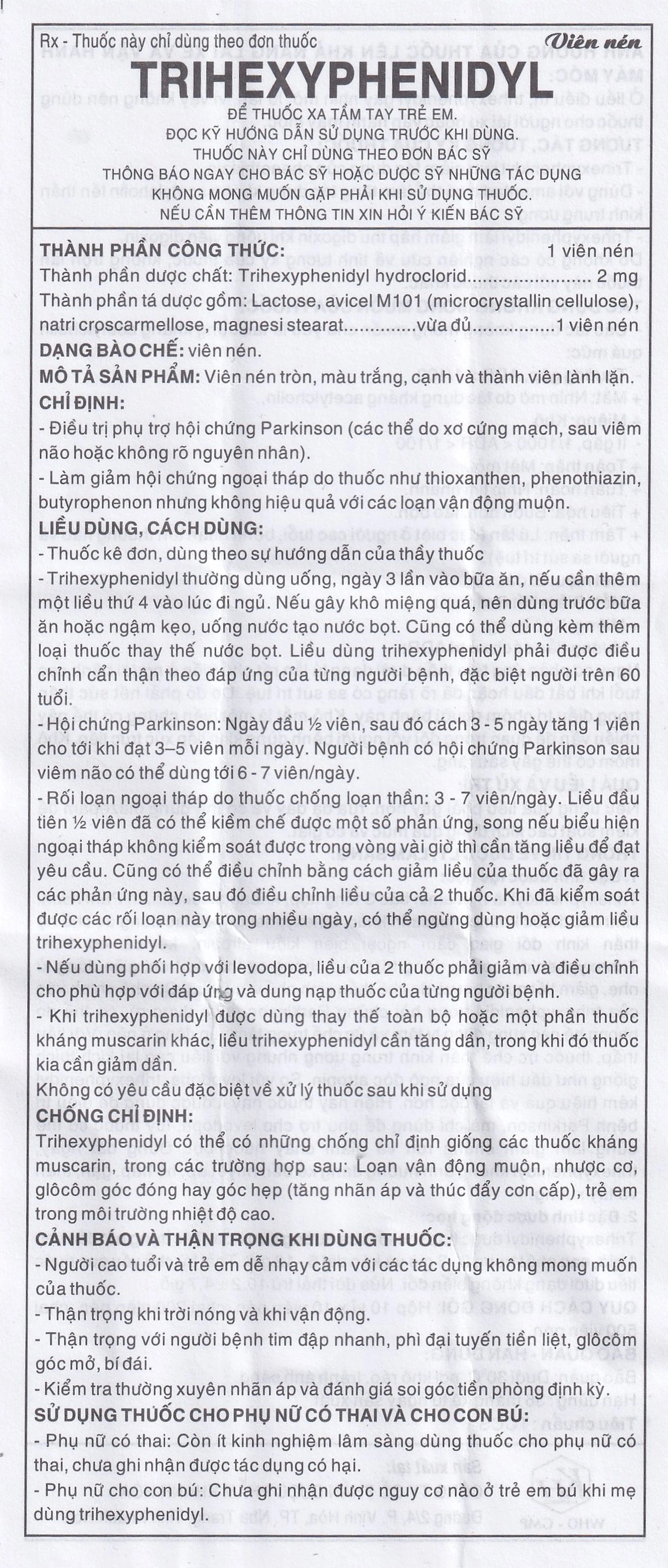 Thuốc Trihexyphenidyl 2mg Khánh Hòa điều trị phụ trợ hội chứng Parkinson (10 vỉ x 10 viên)