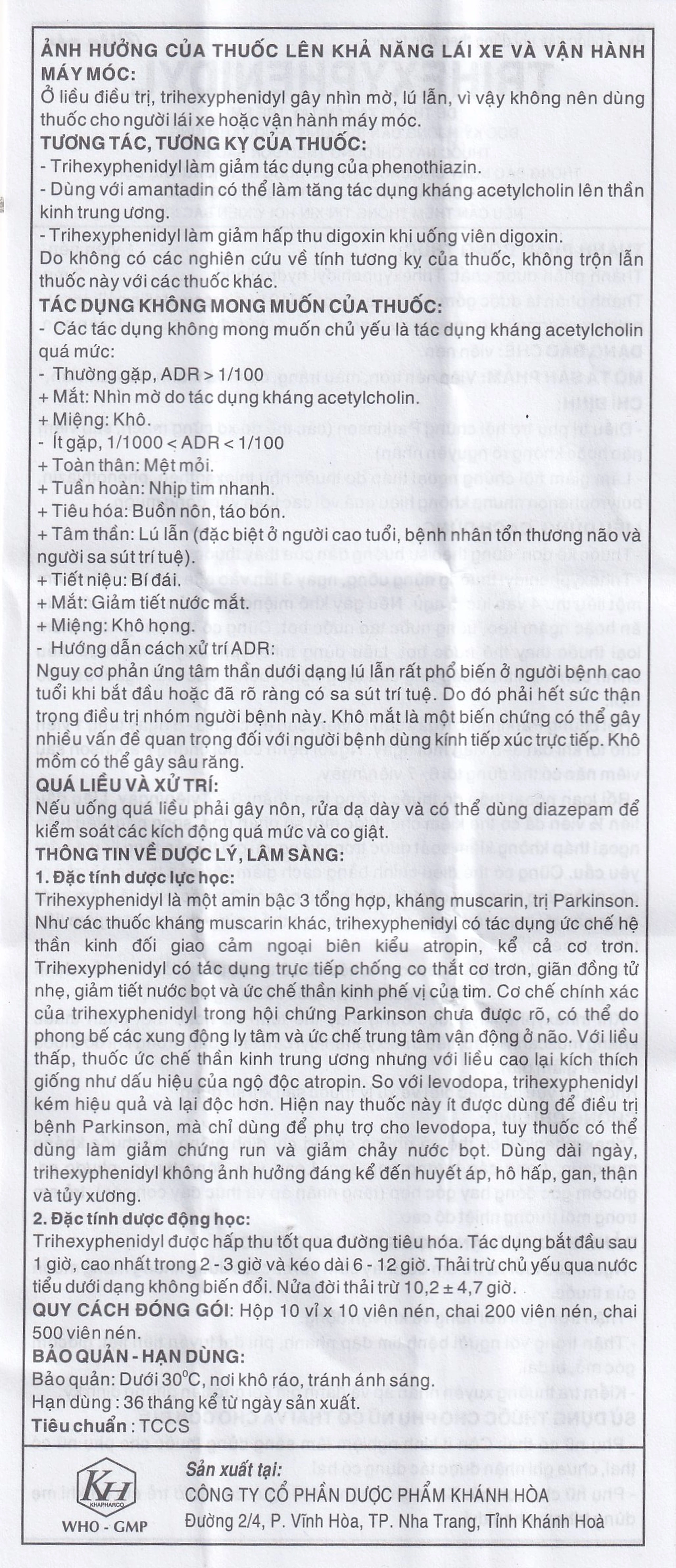 Thuốc Trihexyphenidyl 2mg Khánh Hòa điều trị phụ trợ hội chứng Parkinson (10 vỉ x 10 viên)