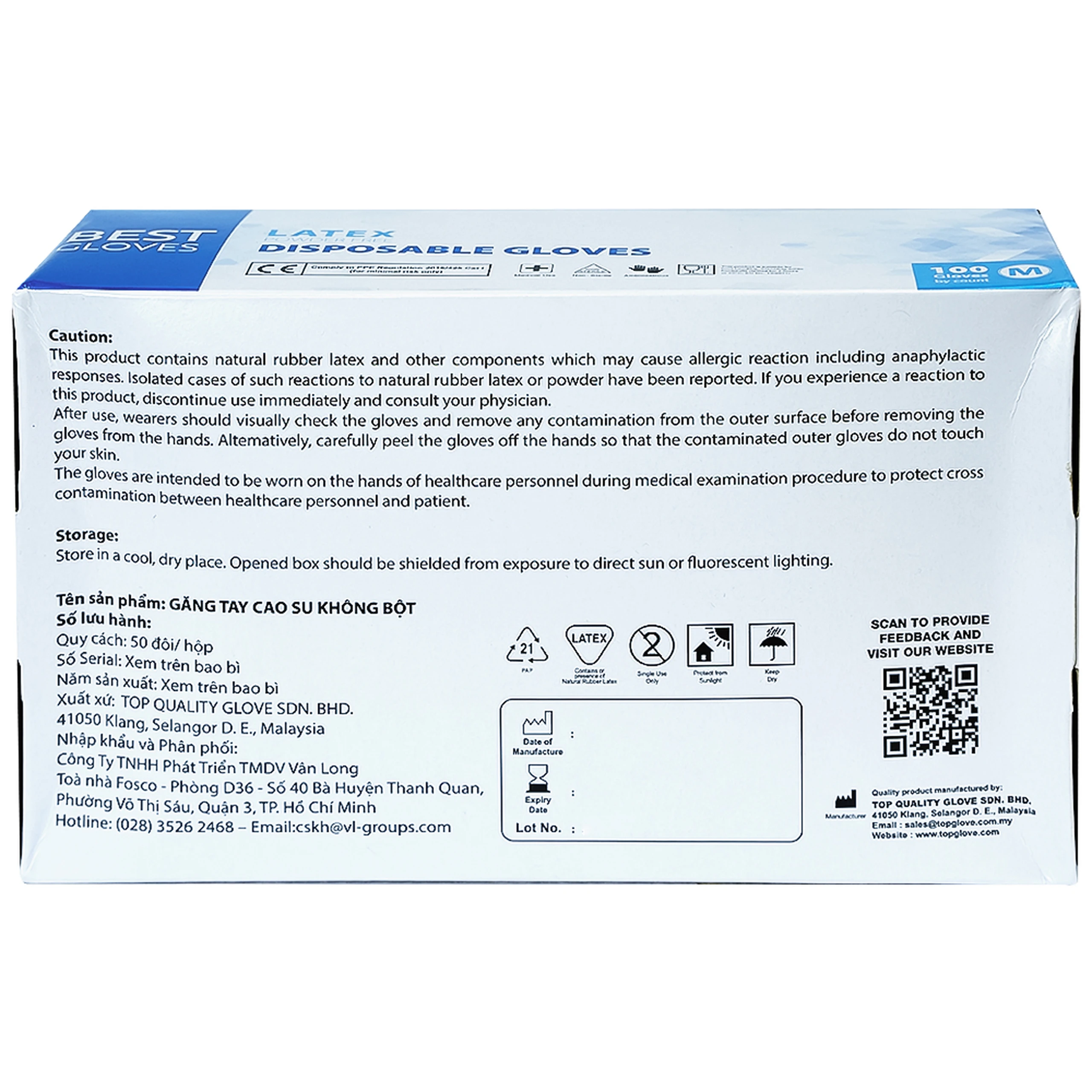 Găng tay y tế không bột, phủ Latex size M (100 cái) Powder Free Disposable 