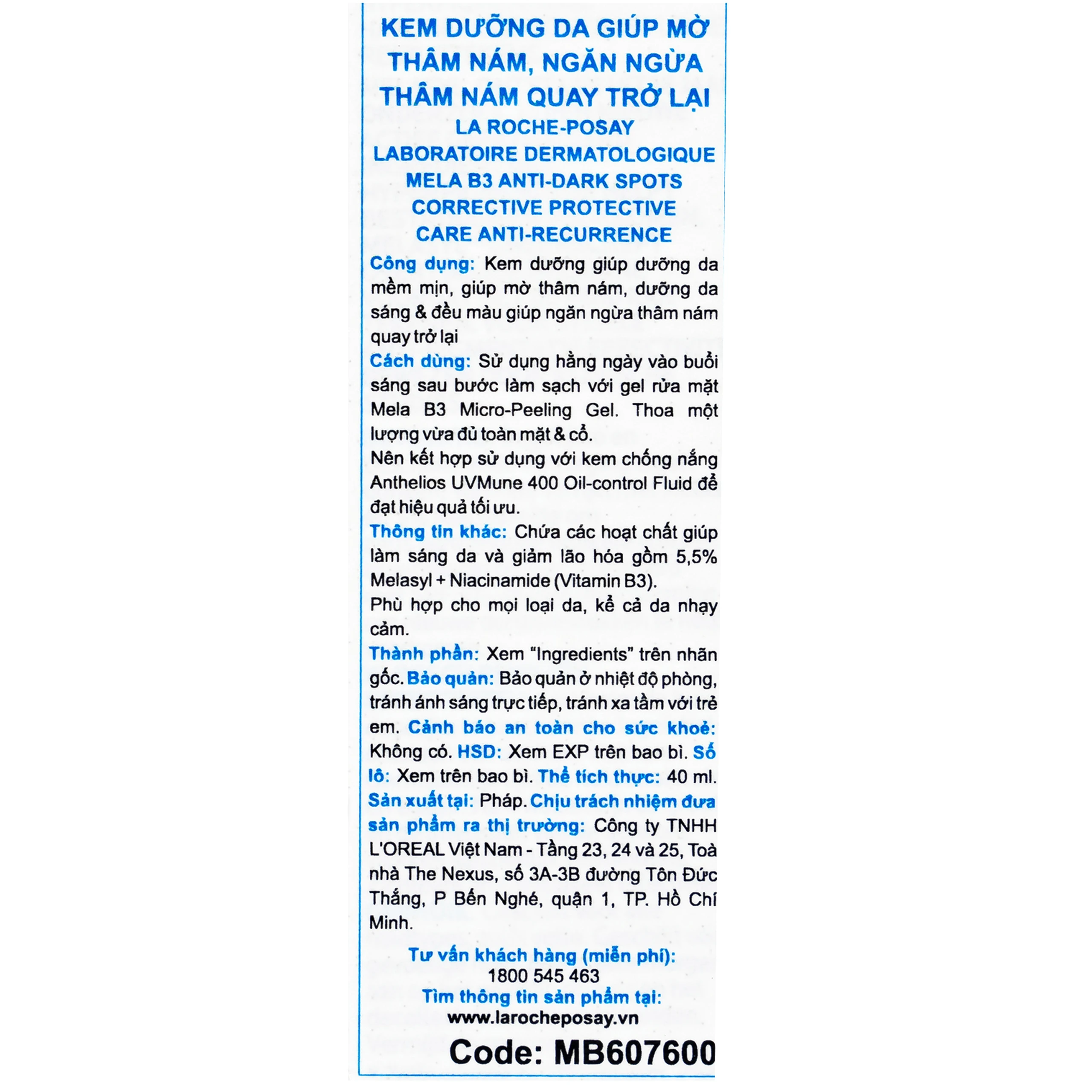 Kem dưỡng La Roche-Posay Mela B3 Cream SPF 30 dưỡng da mềm mịn, mờ thâm nám, dưỡng da sáng và đều màu 