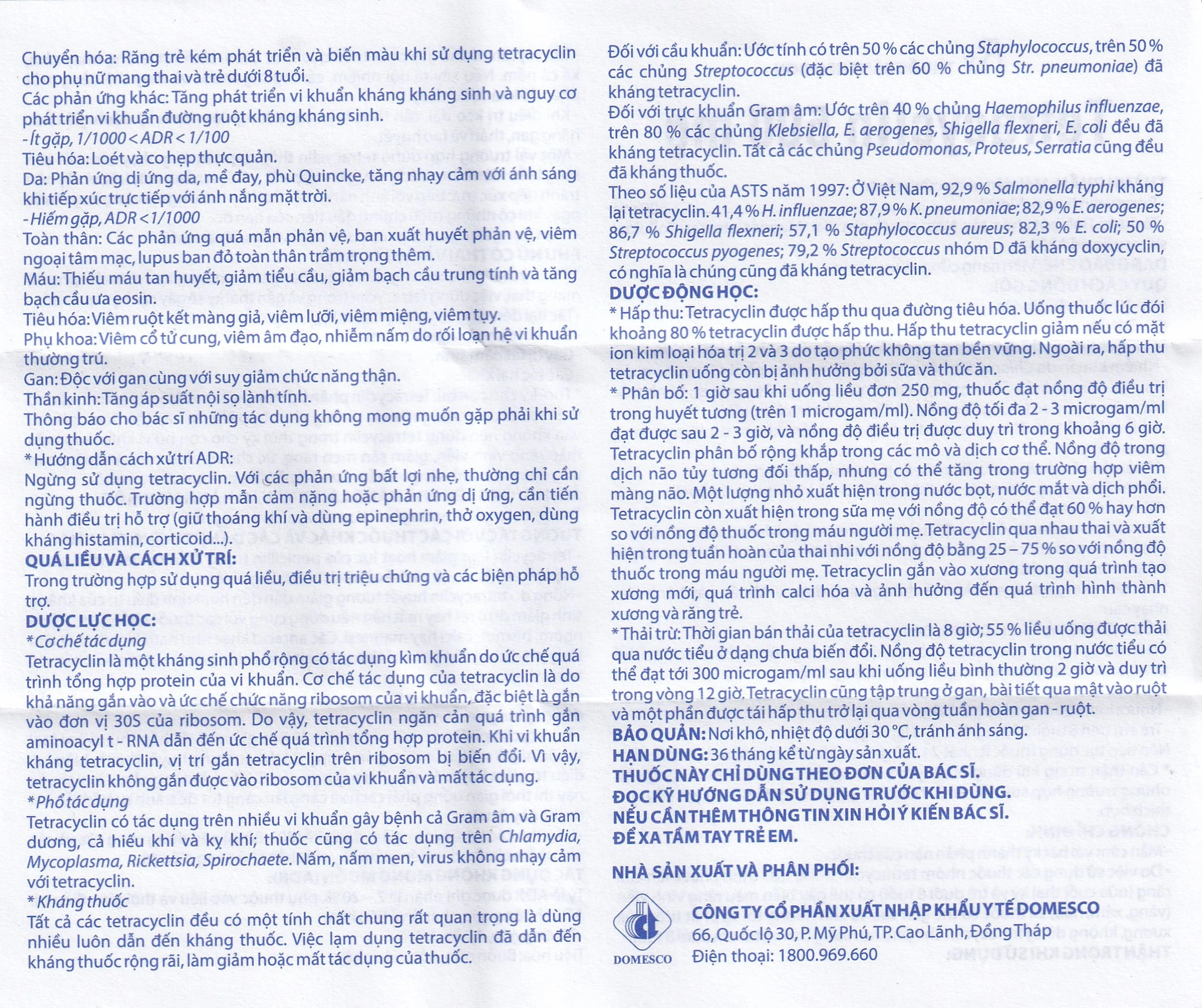 Thuốc Tetracyclin 500mg Domesco điều trị nhiễm khuẩn do vi khuẩn nhạy cảm (20 vỉ x 10 viên)