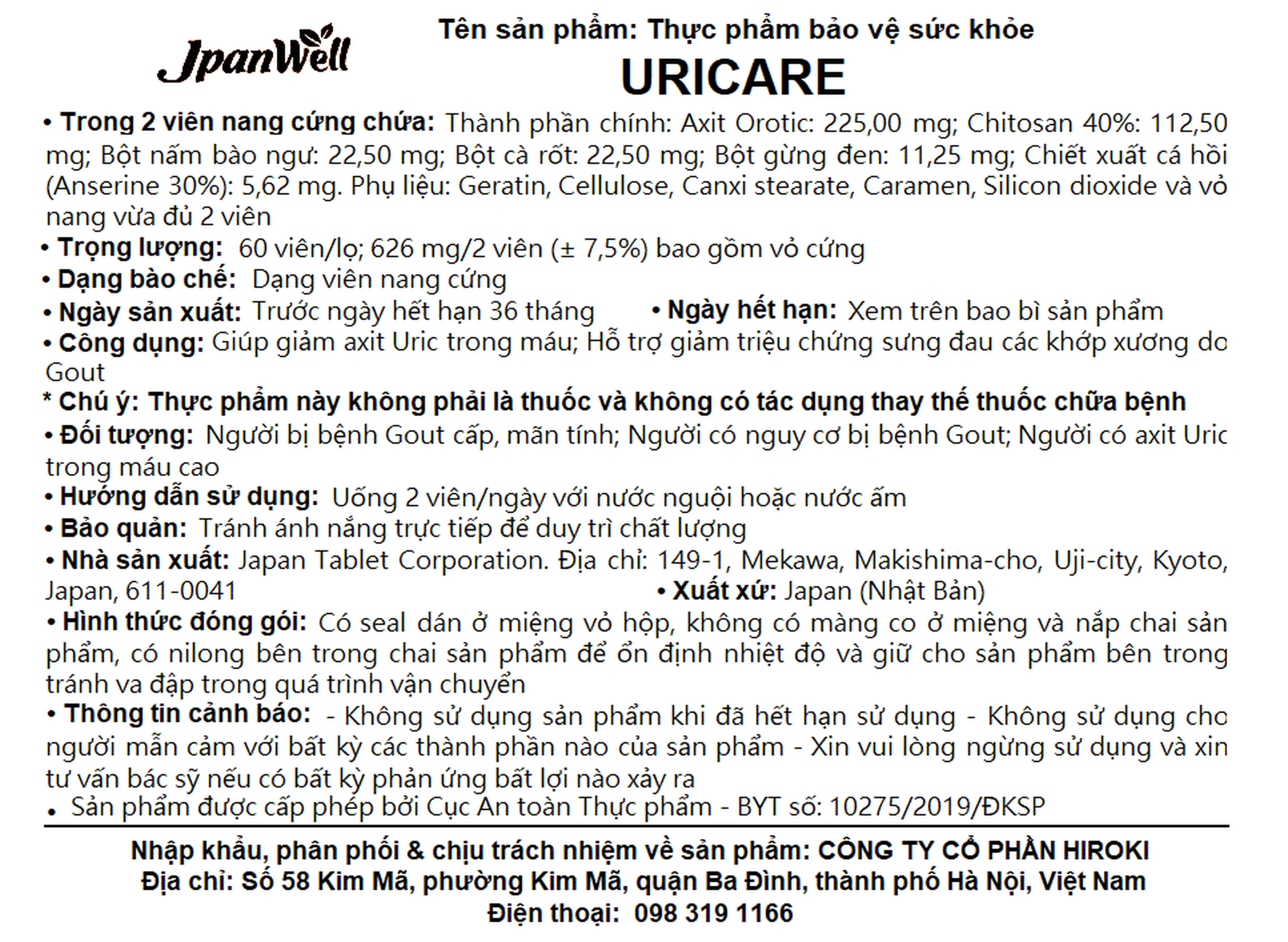 Viên uống Uricare Jpanwell giúp giảm axit uric trong máu (60 viên)
