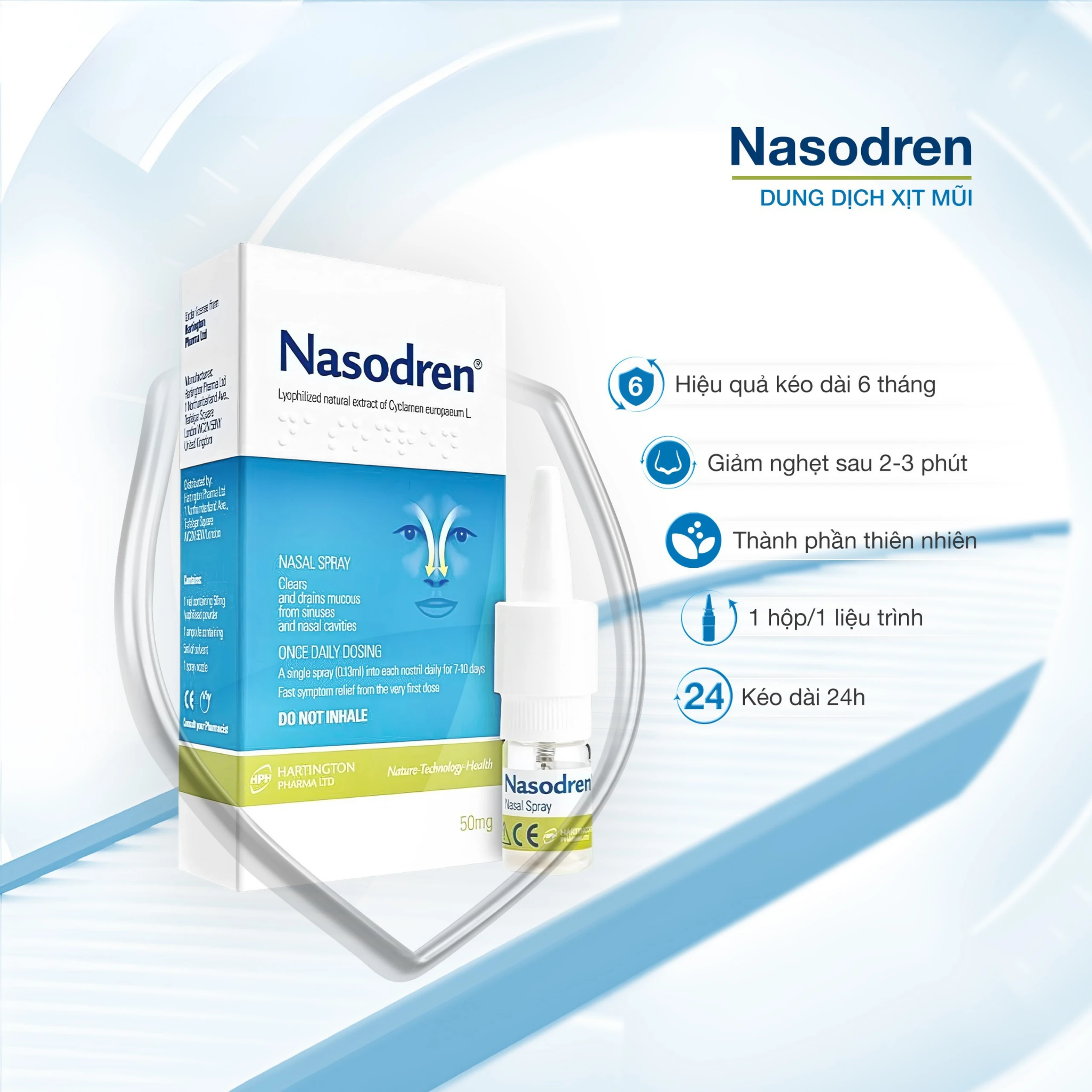 Xịt mũi xoang Nasodren Hartington 50mg giúp làm sạch mũi xoang, giảm triệu chứng viêm xoang cấp và mãn tính