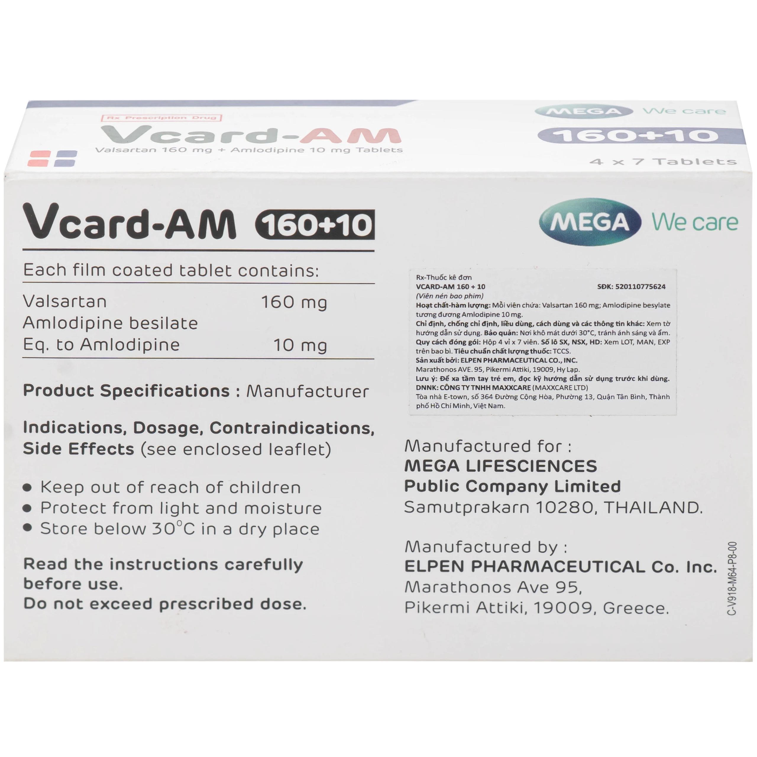 Thuốc Vcard-am 160/10mg Mega Điều trị tăng huyết áp vô căn (4 vỉ x 7 viên)