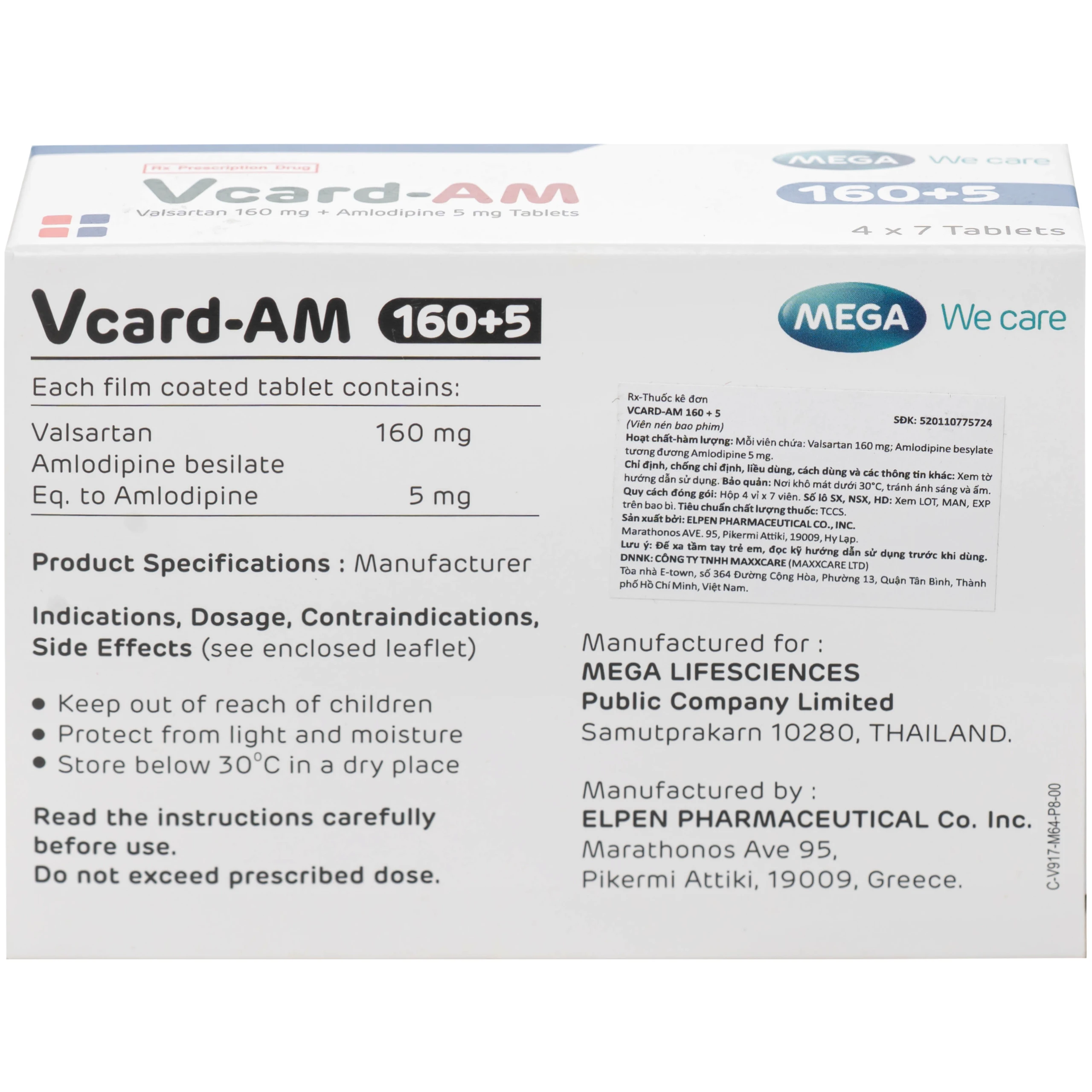 Thuốc Vcard-am 160/5mg Mega Điều trị tăng huyết áp vô căn (4 vỉ x 7 viên)