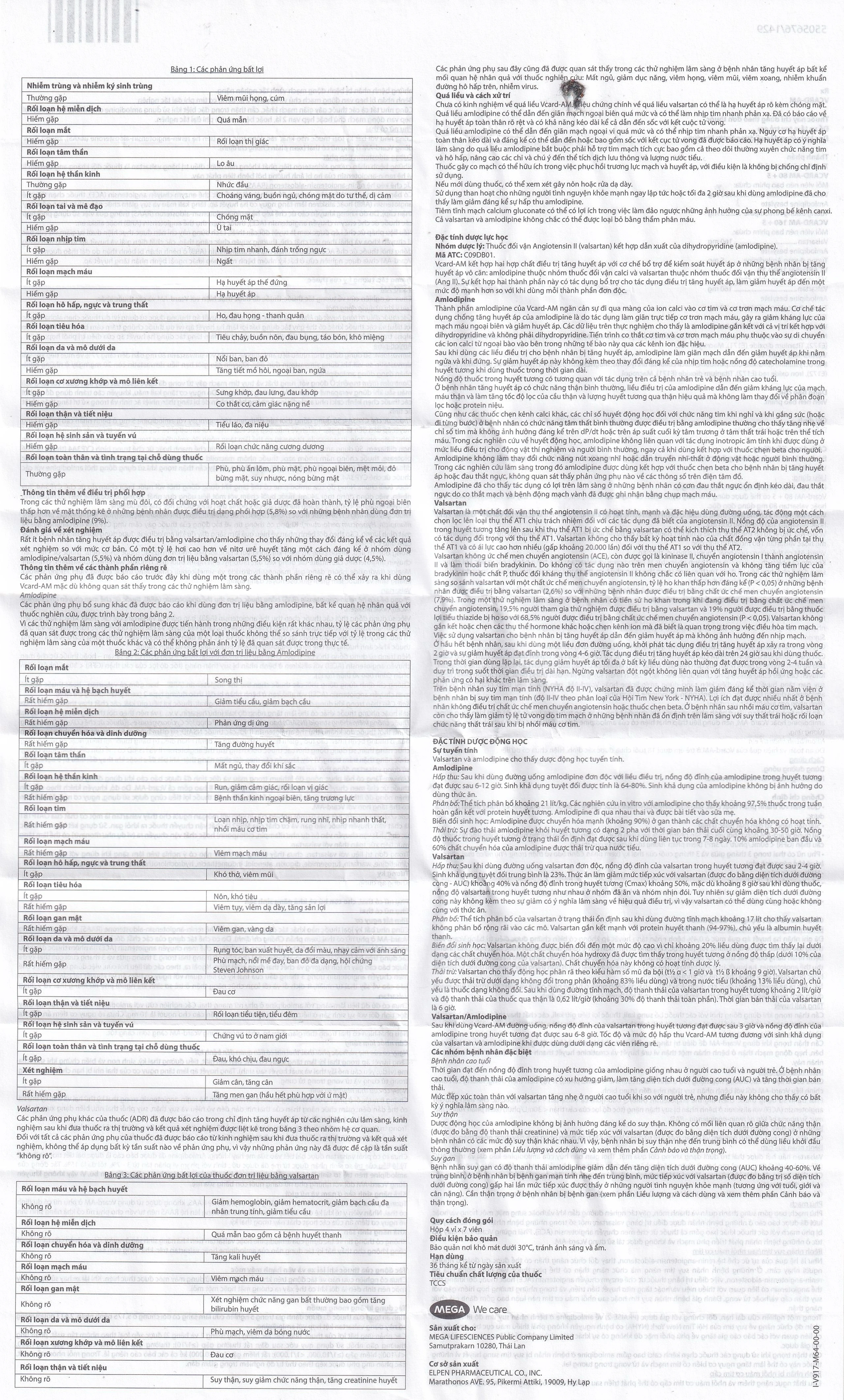 Thuốc Vcard-am 160/5mg Mega Điều trị tăng huyết áp vô căn (4 vỉ x 7 viên)