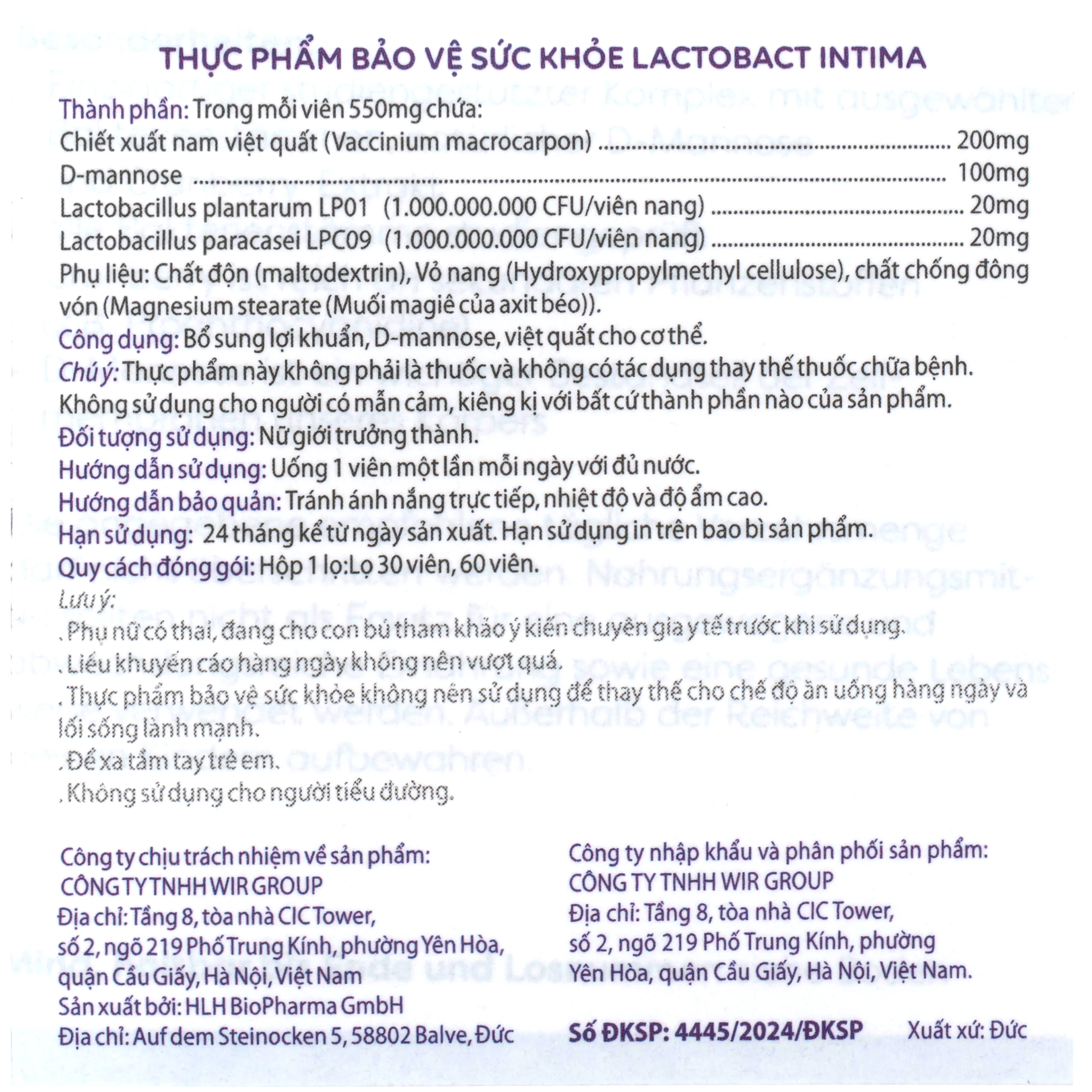 Viên uống bổ sung lợi khuẩn, D-mannose, việt quất cho phụ nữ Lactobact Intima (30 viên)