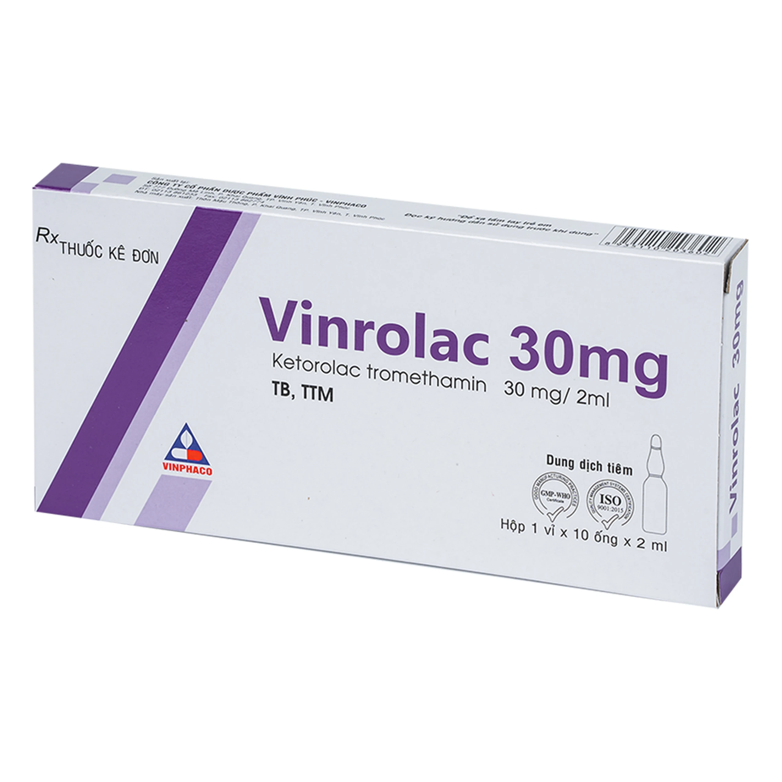 Thuốc Vinrolac 30mg/2ml Vinphaco điều trị ngắn ngày đau cấp tính vừa tới nặng sau phẫu thuật (1 vỉ x 10 ống) 1