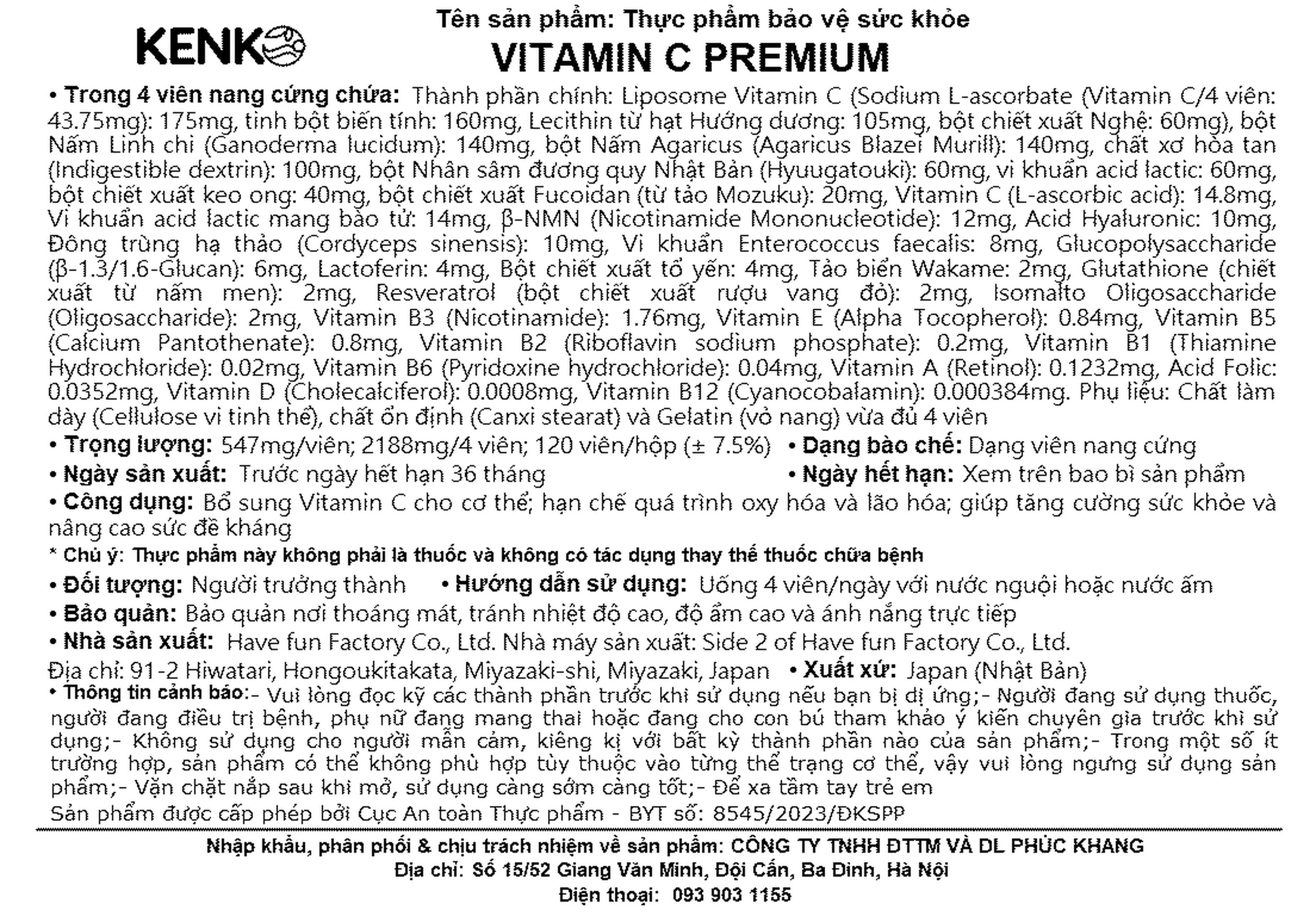 Viên uống Vitamin C Premium Kenko bổ sung vitamin C, hạn chế oxy hóa, tăng đề kháng (120 viên) 7