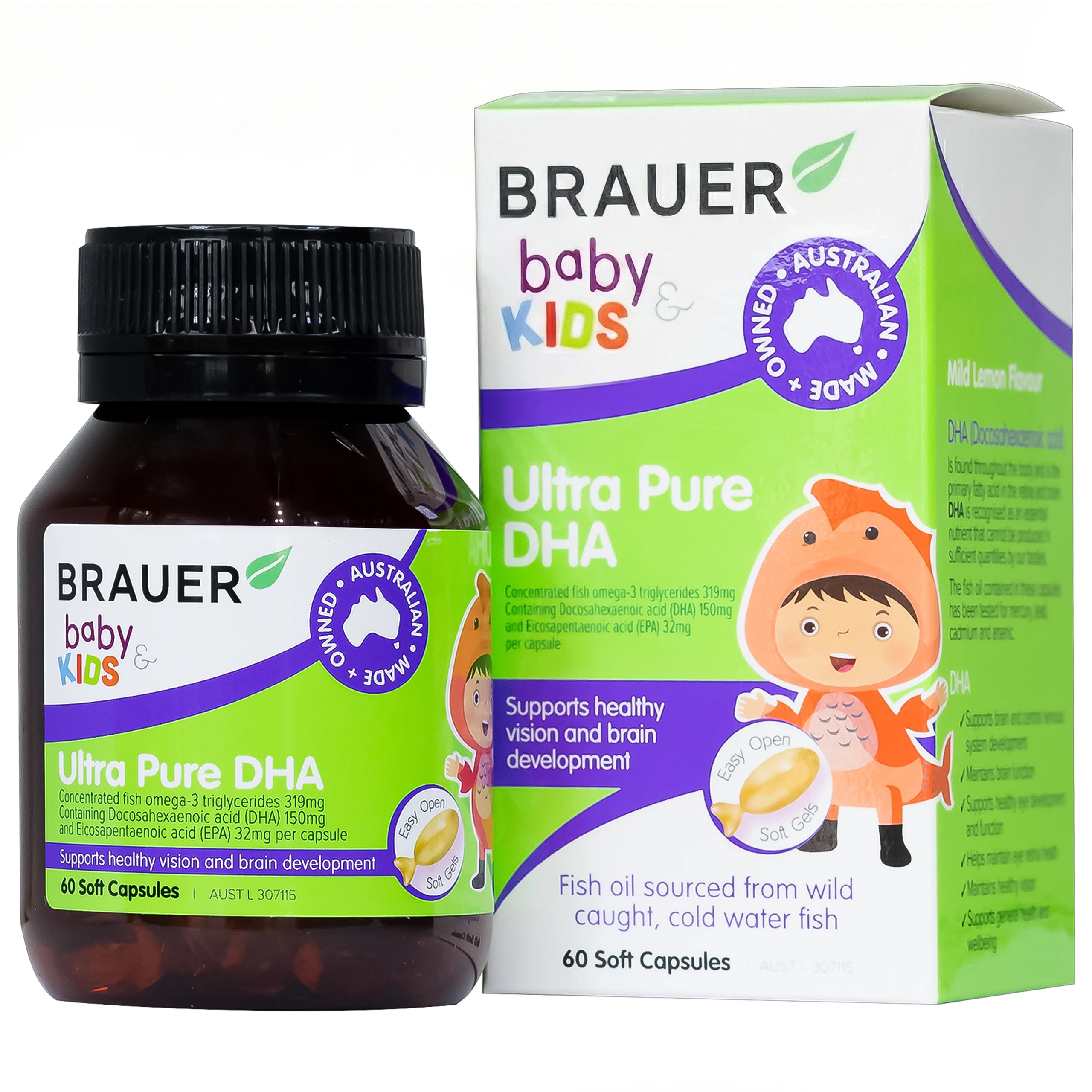 Viên hỗ trợ phát triển não bộ sức khỏe cho mắt Brauer Baby & Kids Ultra Pure DHA (60 viên)