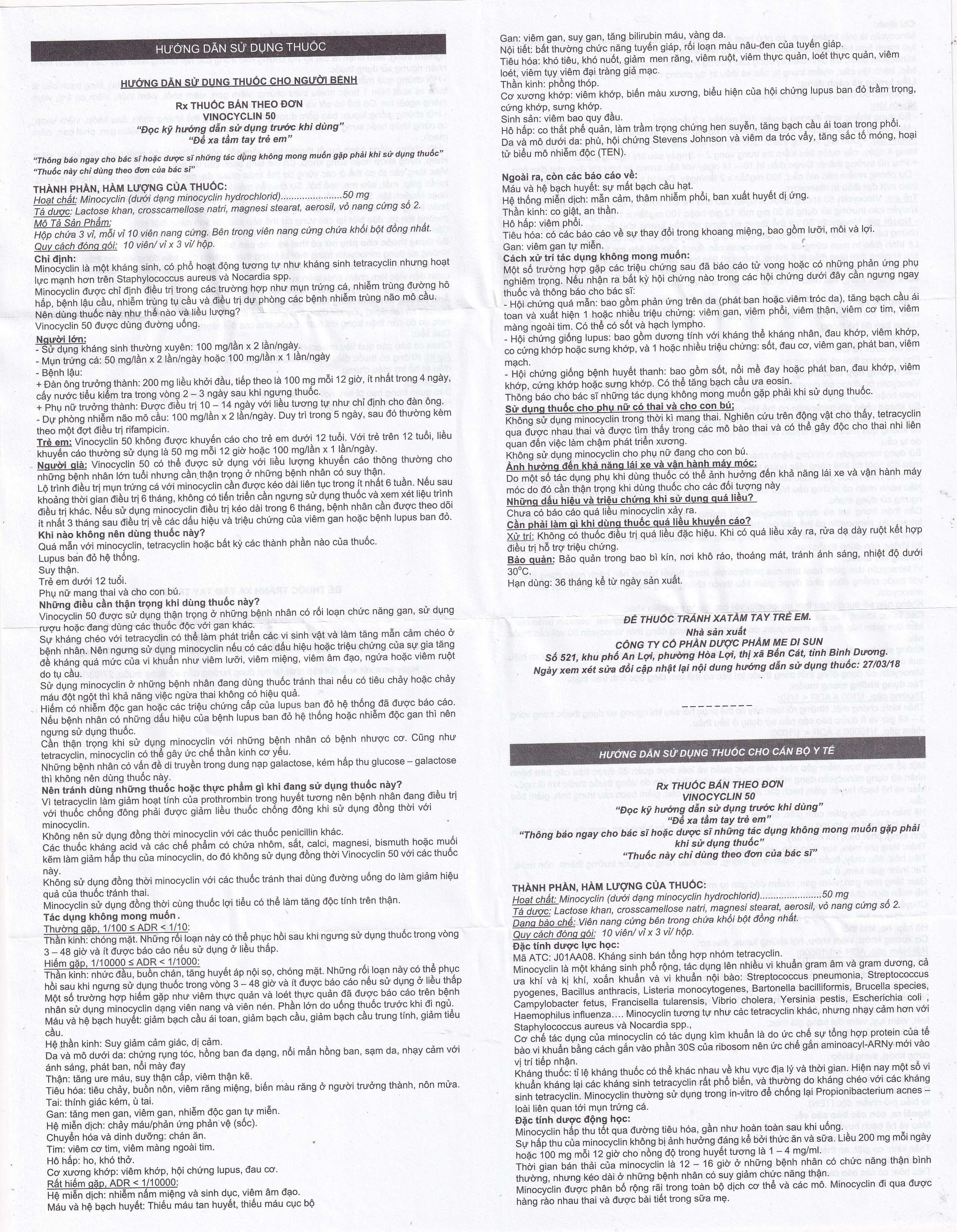 Thuốc Vinocyclin 50 Medisun điều trị mụn trứng cá, nhiễm trùng đường hô hấp (3 vỉ x 10 viên)