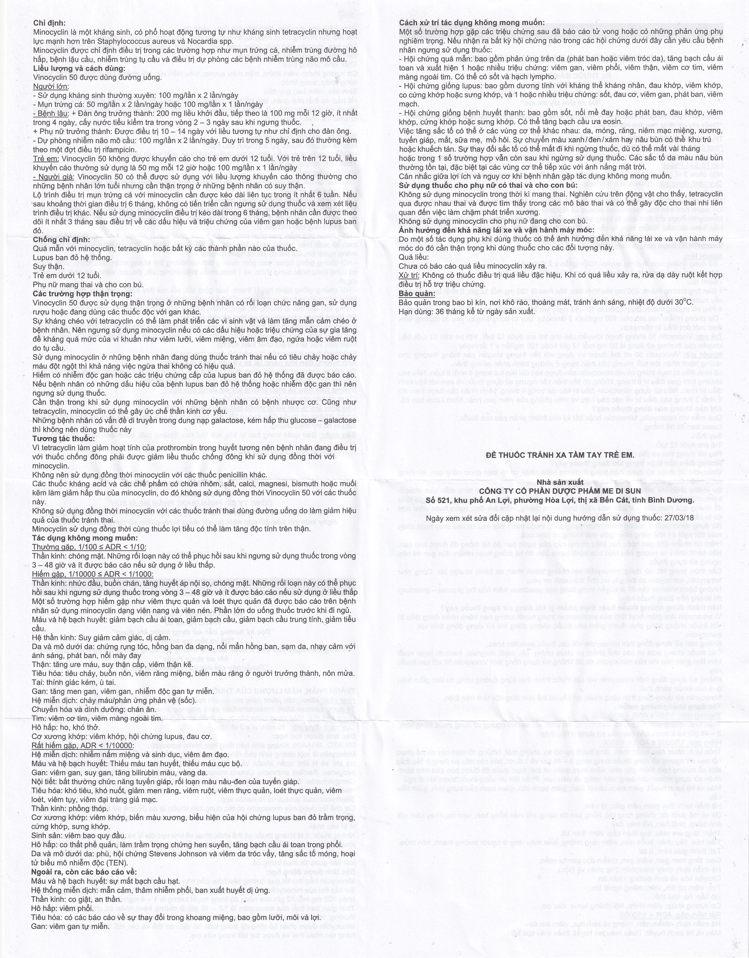 Thuốc Vinocyclin 50 Medisun điều trị mụn trứng cá, nhiễm trùng đường hô hấp (3 vỉ x 10 viên)