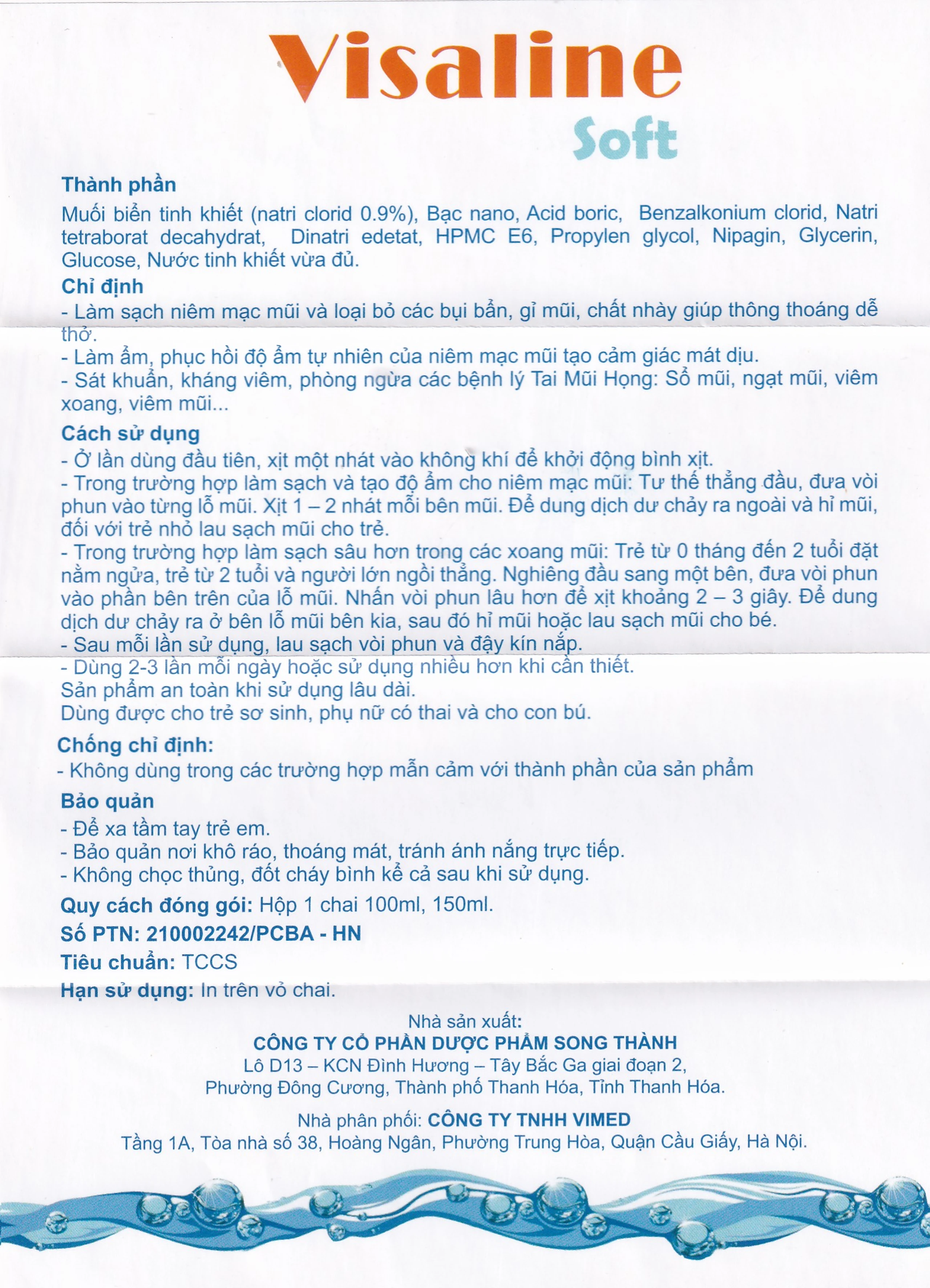 Xịt mũi nano bạc Visaline Soft Song Thành 100ml giúp làm sạch, làm ẩm và phục hồi niêm mạc mũi