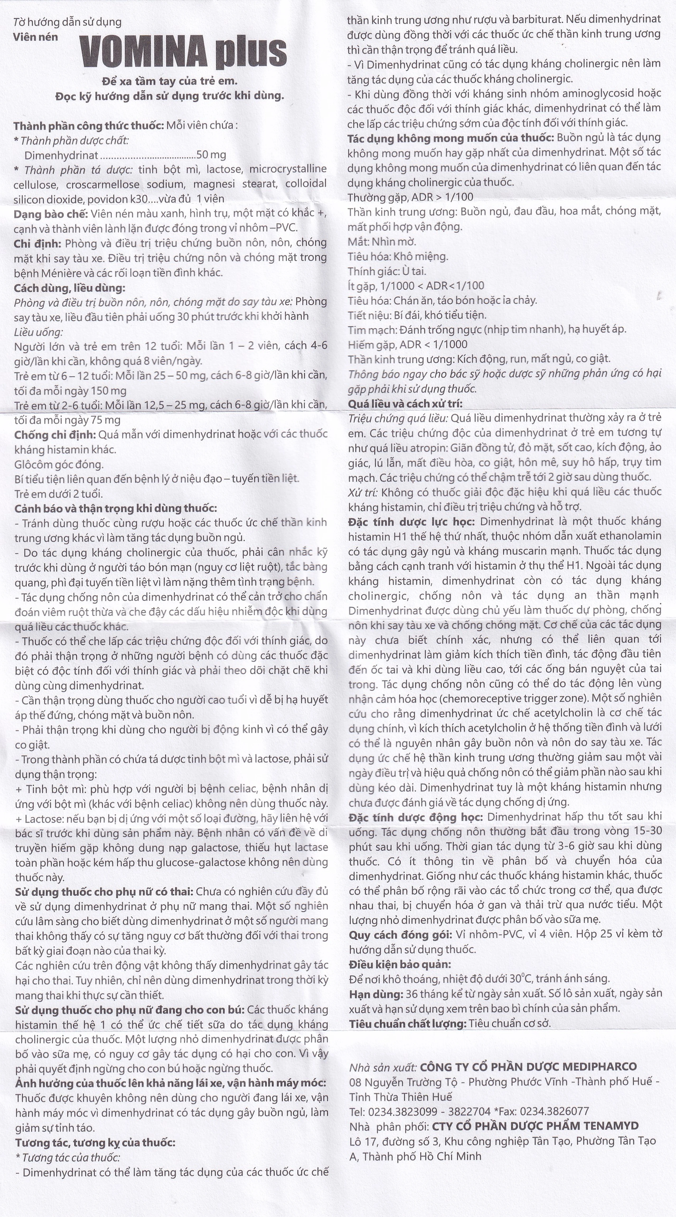 Thuốc Vomina Plus 50mg Medipharco phòng và điều trị triệu chứng buồn nôn, chóng mặt khi say tàu xe (25 vỉ x 4 viên)