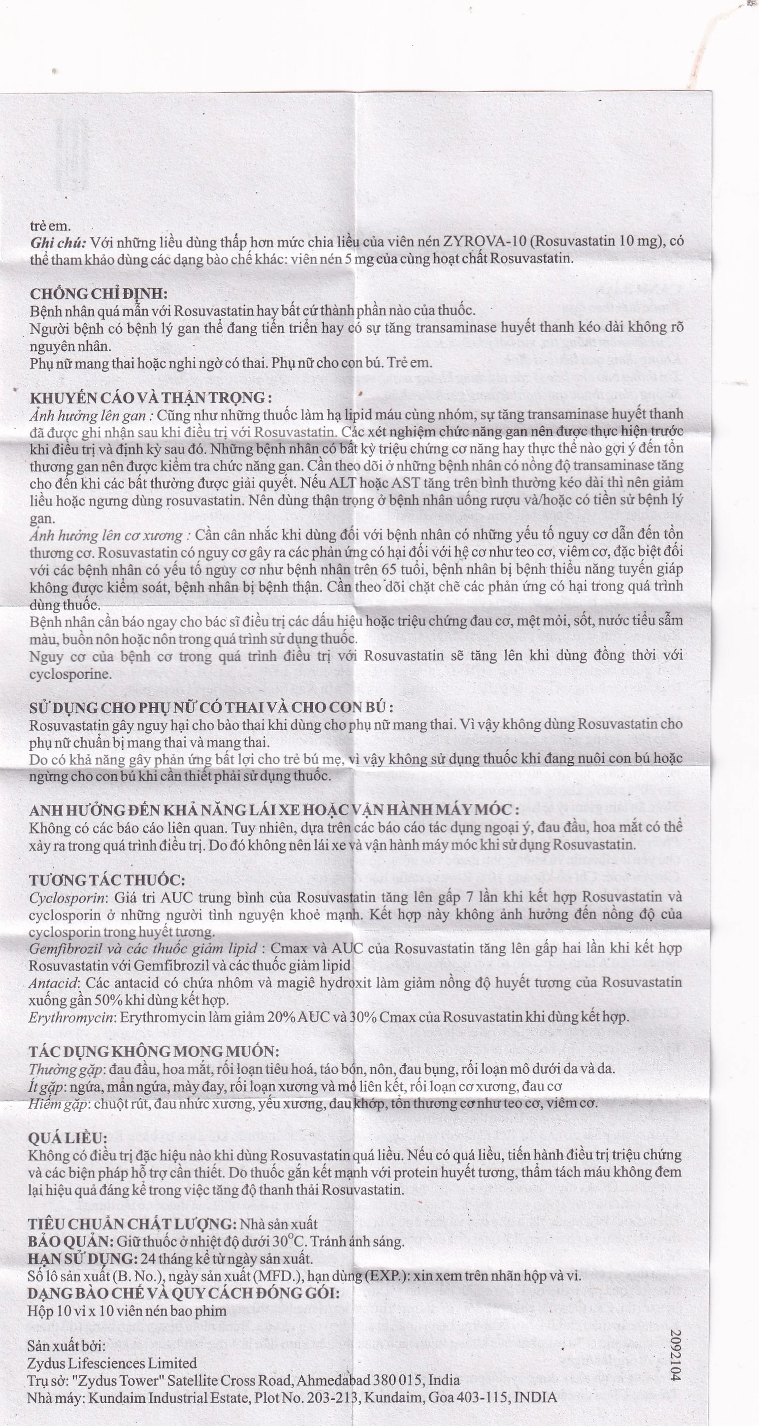 Thuốc Zyrova 10 Zydus điều trị cholesterol cao trong máu (10 vỉ x 10 viên)