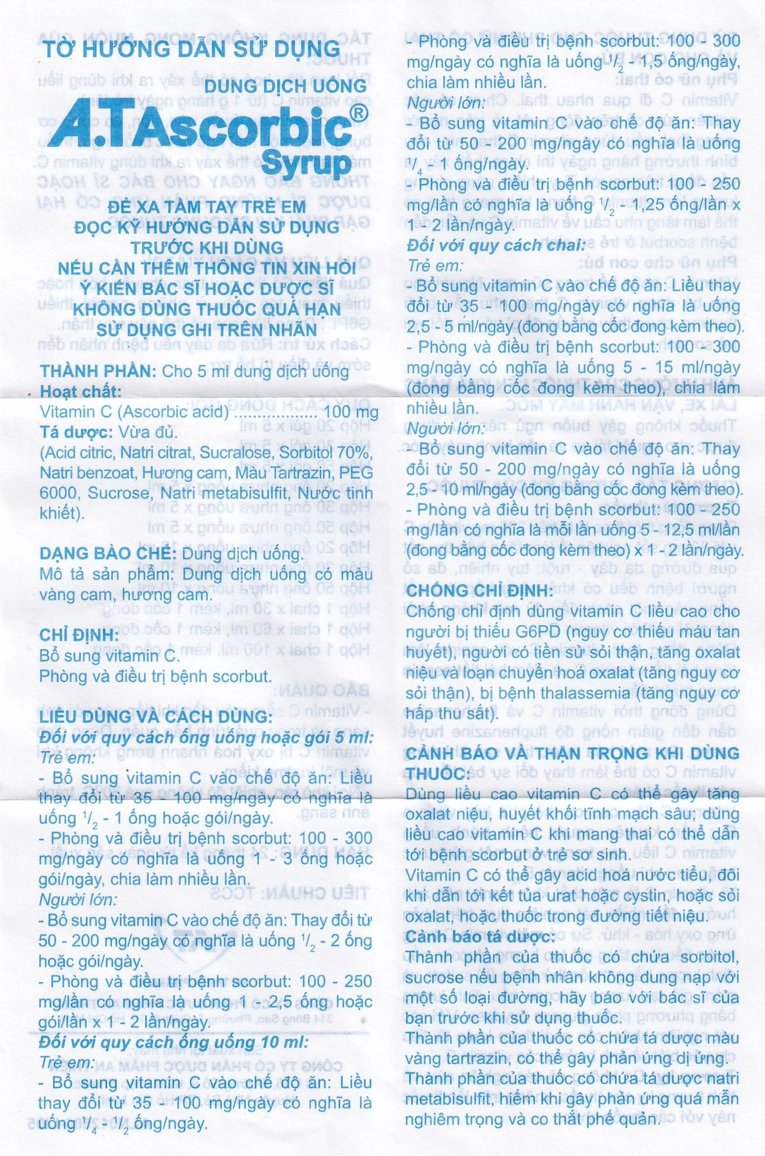 Siro A.T Ascorbic An Thiên bổ sung vitamin C, phòng và điều trị bệnh scorbut (30 ống x 10ml)