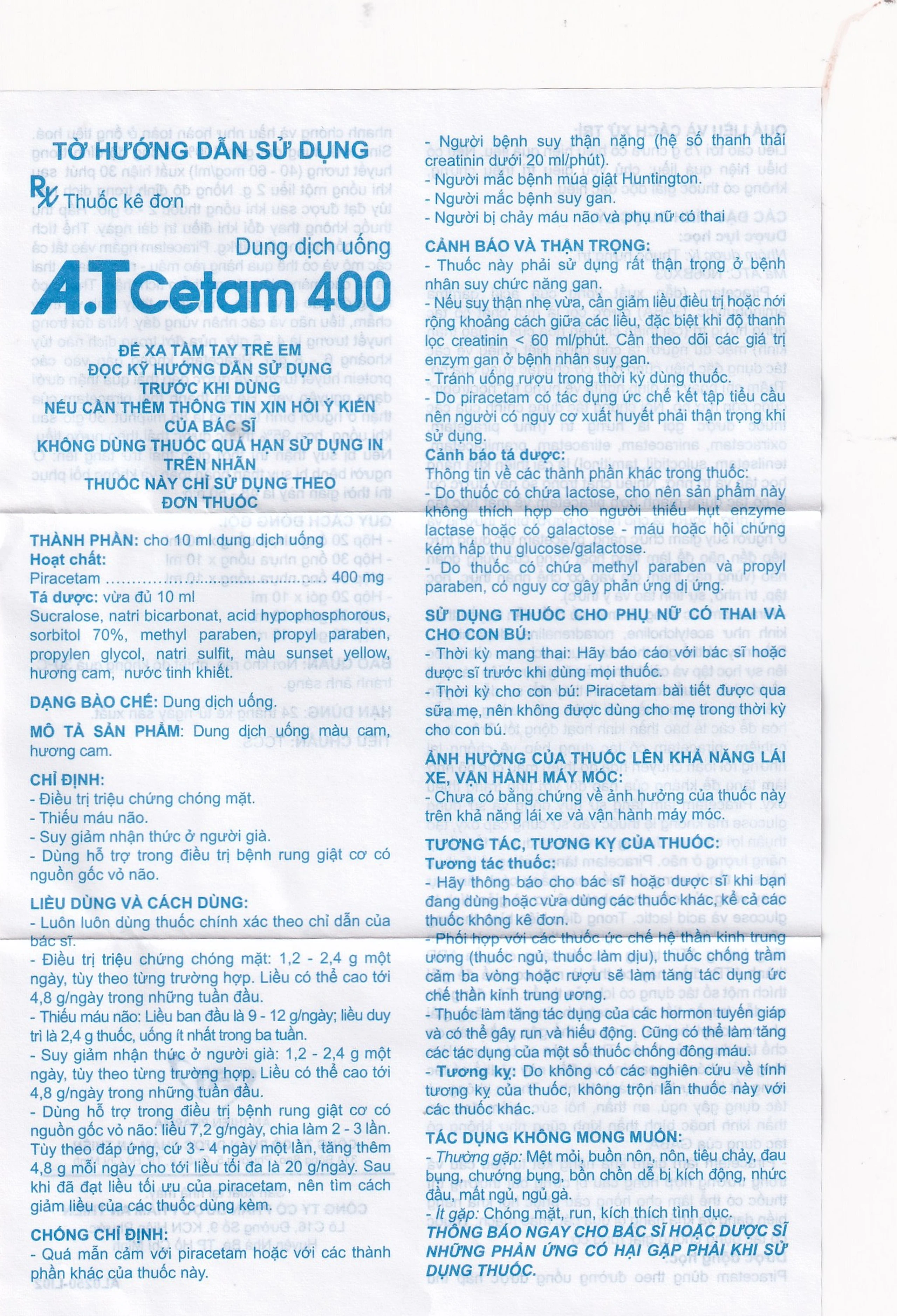 Thuốc A.T Cetam 400 An Thiên điều trị chóng mặt, giật rung cơ, thiếu máu não, suy giảm nhận thức ở người già (30 ống x 10ml)