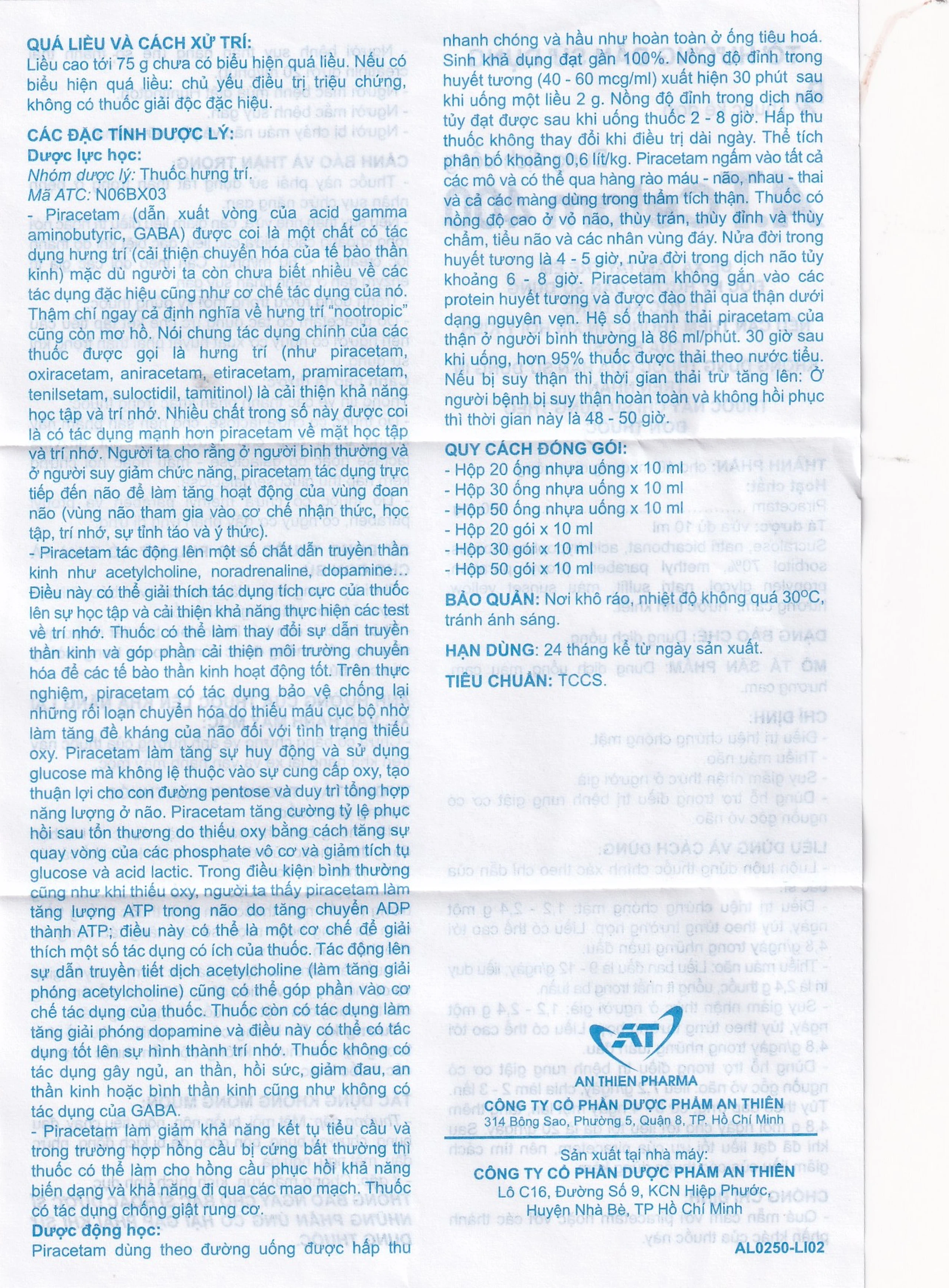 Thuốc A.T Cetam 400 An Thiên điều trị chóng mặt, giật rung cơ, thiếu máu não, suy giảm nhận thức ở người già (30 ống x 10ml)