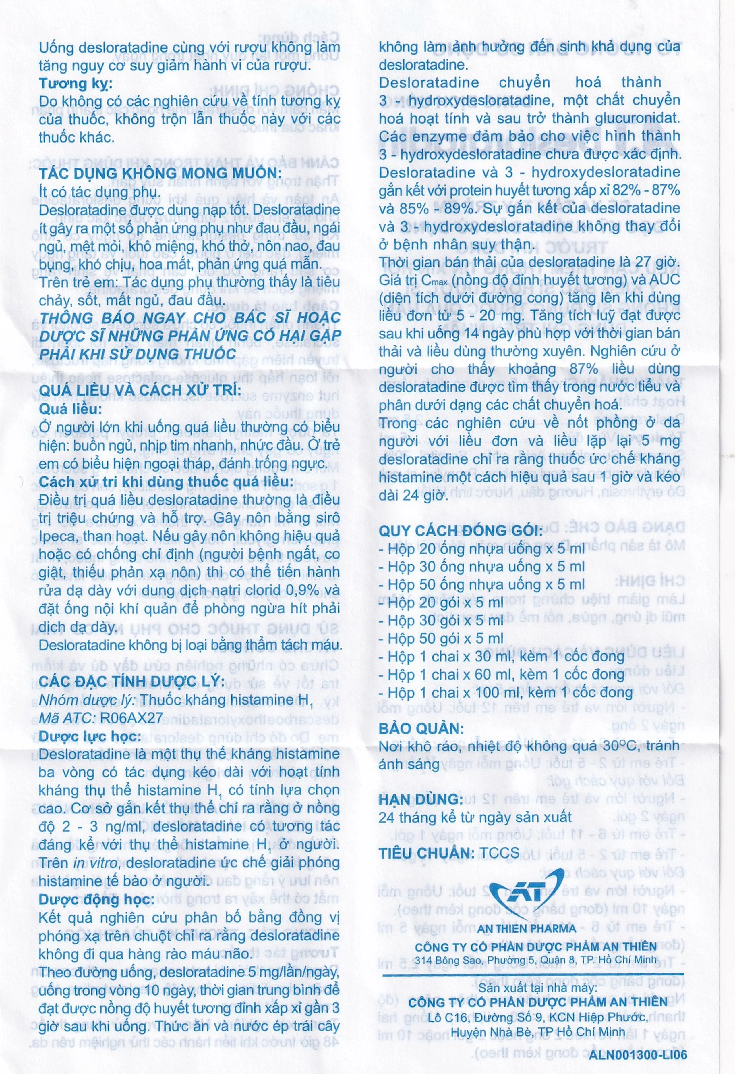 Dung dịch uống A.T Desloratadin An Thiên hương dâu giảm triệu chứng viêm mũi dị ứng, mày đay (30ml)
