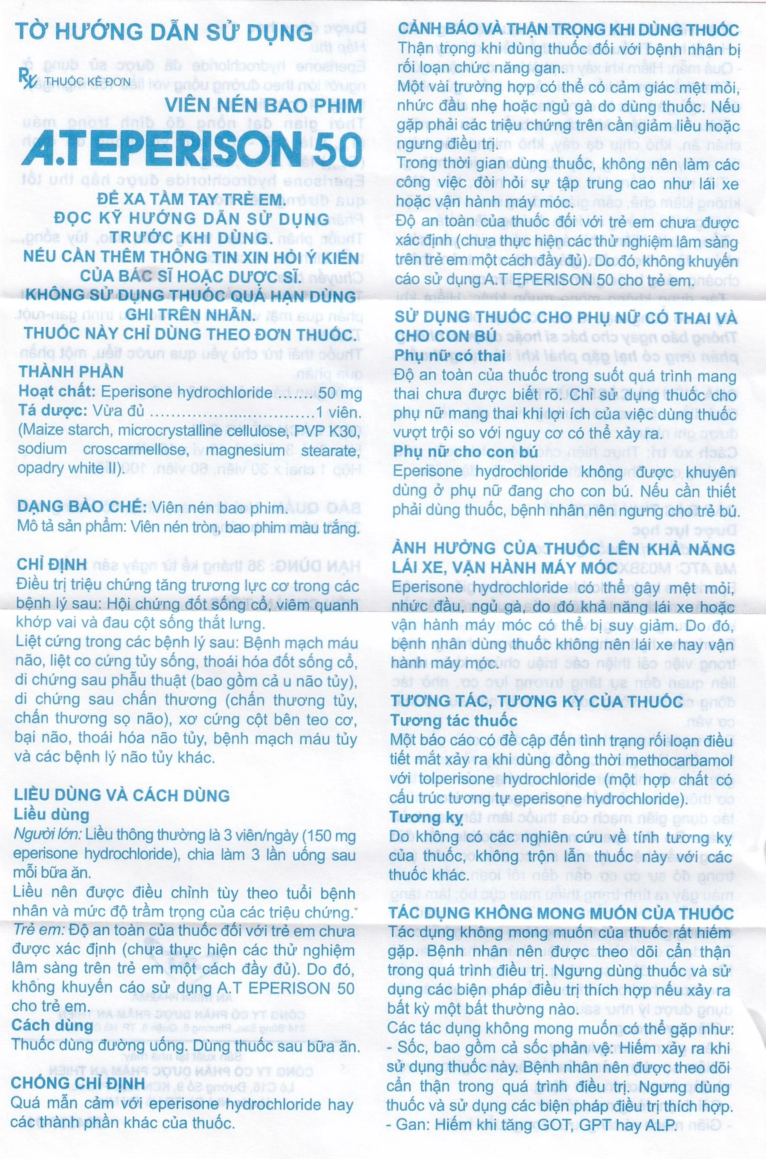 Thuốc A.Teperison 50 An Thiên Pharma điều trị thoái hóa cột sống cổ, bệnh mạch máu não (3 vỉ x 10 viên)