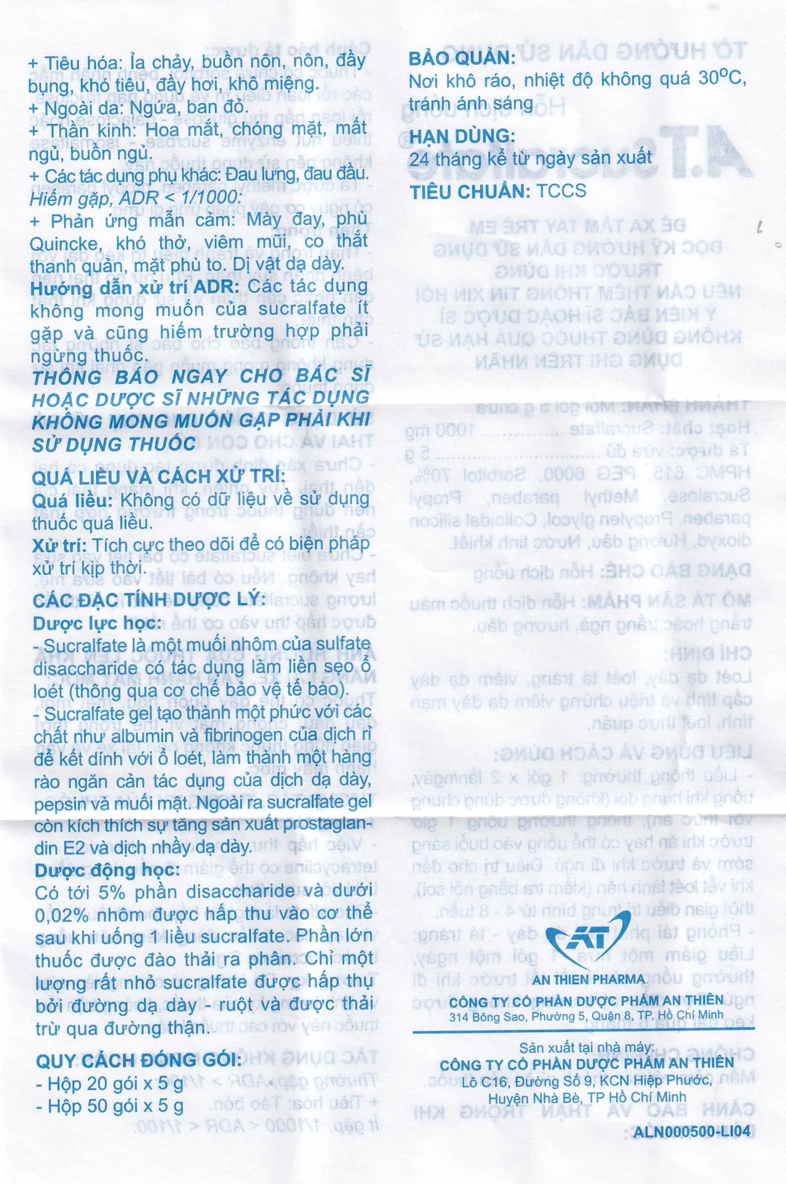 Hỗn dịch uống A.T Sucralfate 1000mg An Thiên điều trị loét dạ dày tá tràng (20 gói x 5g)