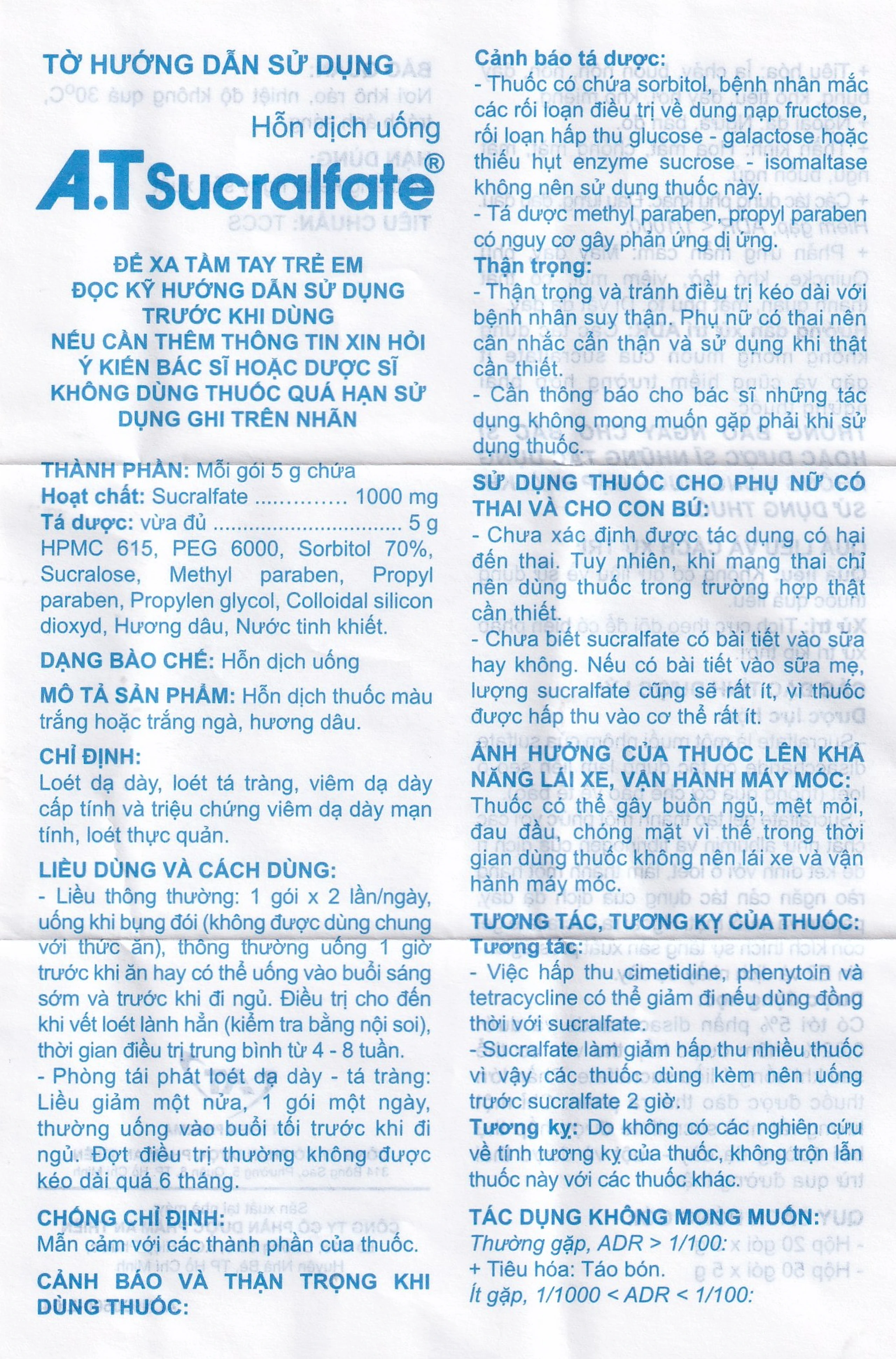 Hỗn dịch uống A.T Sucralfate 1000mg An Thiên điều trị loét dạ dày tá tràng (20 gói x 5g)
