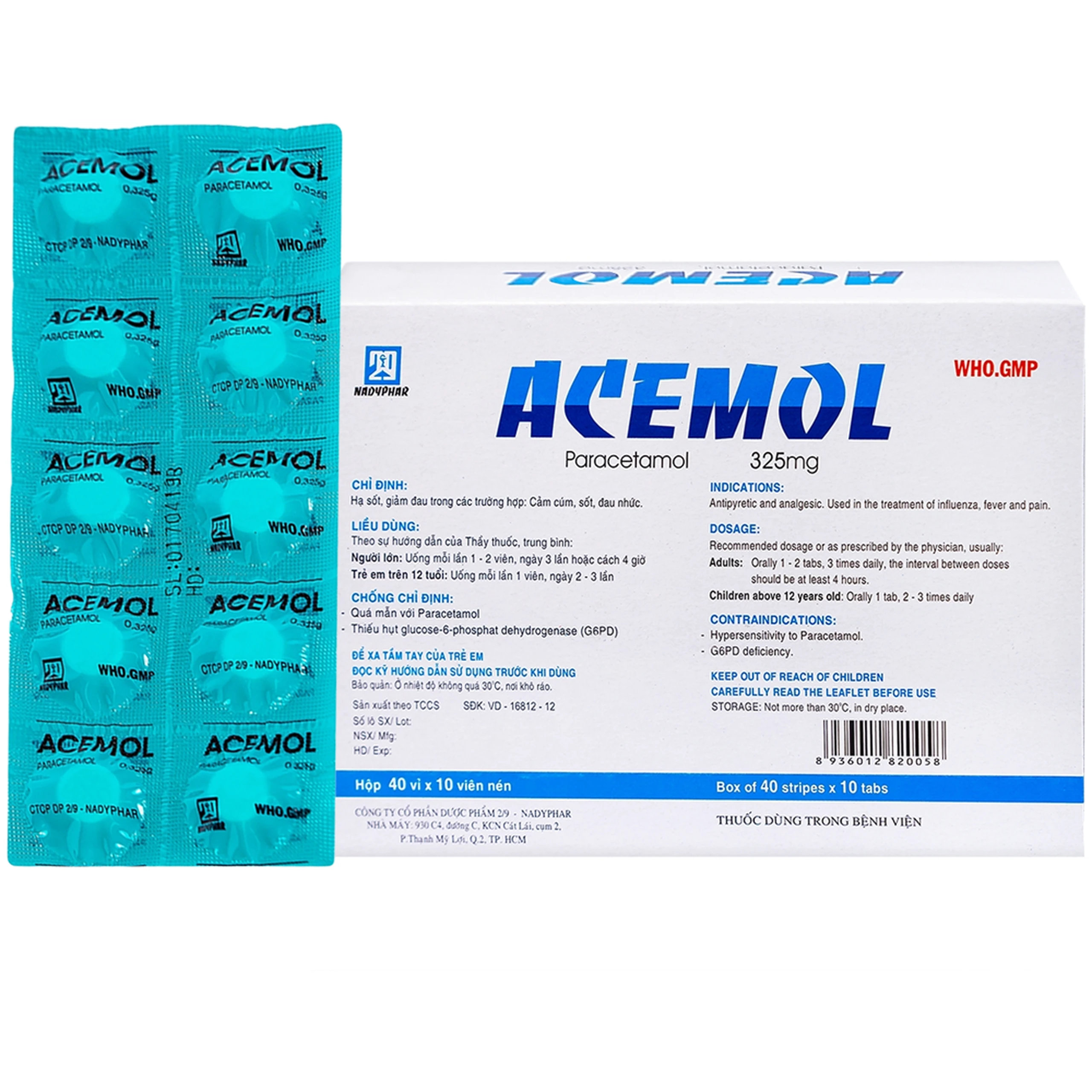 Thuốc Acemol 325mg Nadyphar hạ sốt và giảm đau (40 vỉ x 10 viên) 1