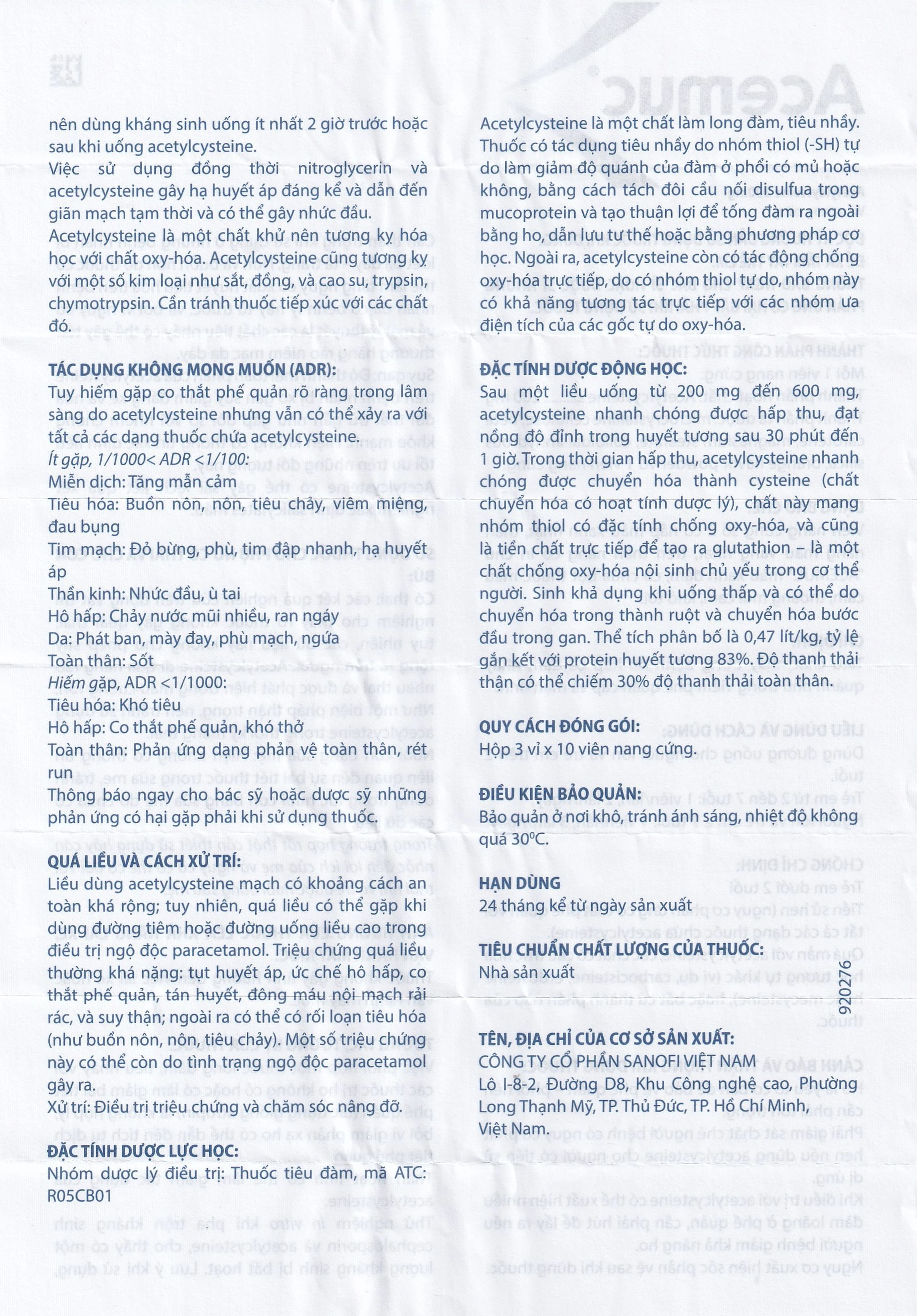 Thuốc Acemuc 200mg Sanofi long đàm, tiêu nhầy, giảm ho (3 vỉ x 10 viên)