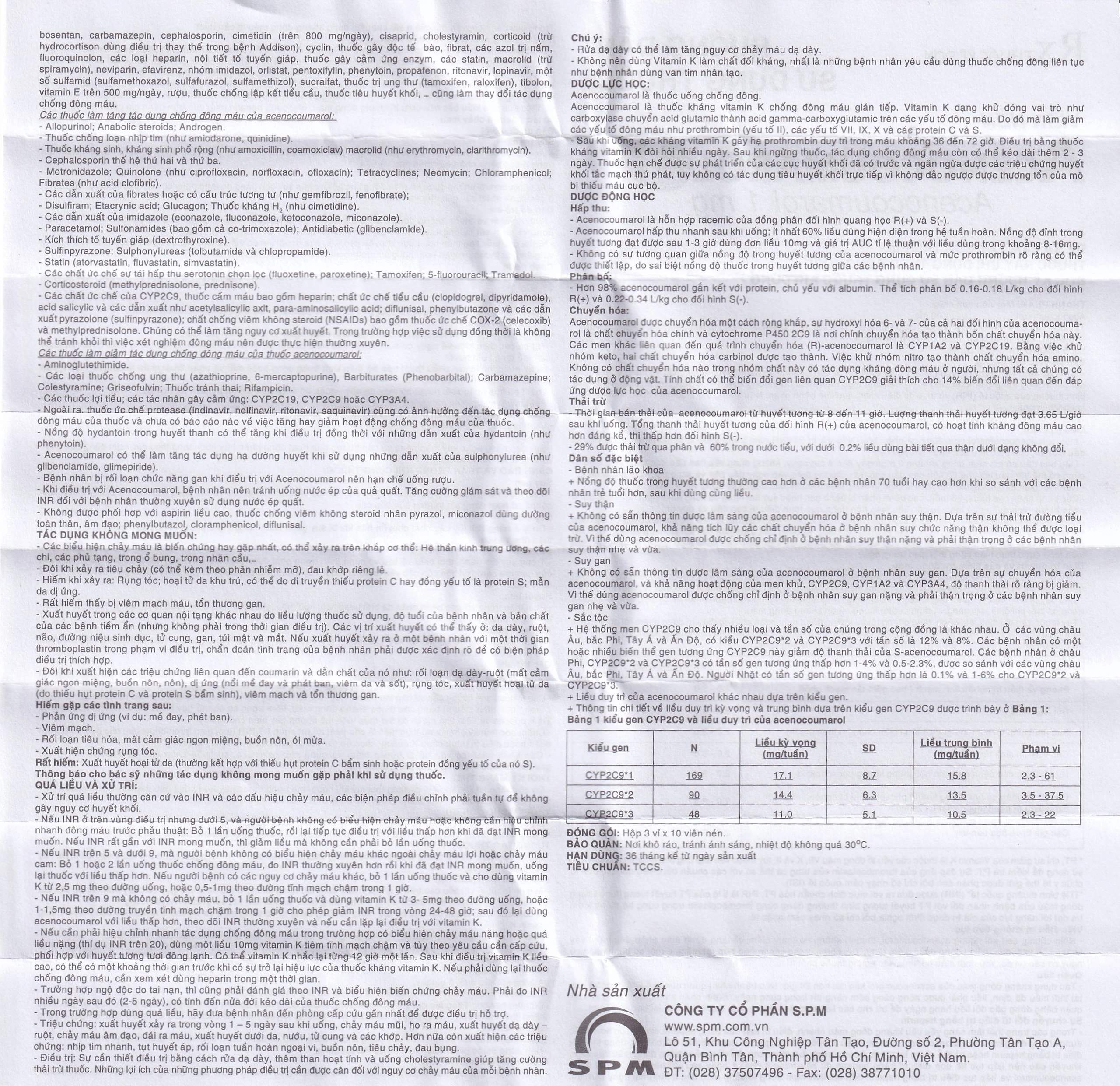 Thuốc Acenocoumarol 1 SPM điều trị và ngăn ngừa bệnh nghẽn mạch (3 vỉ x 10 viên)