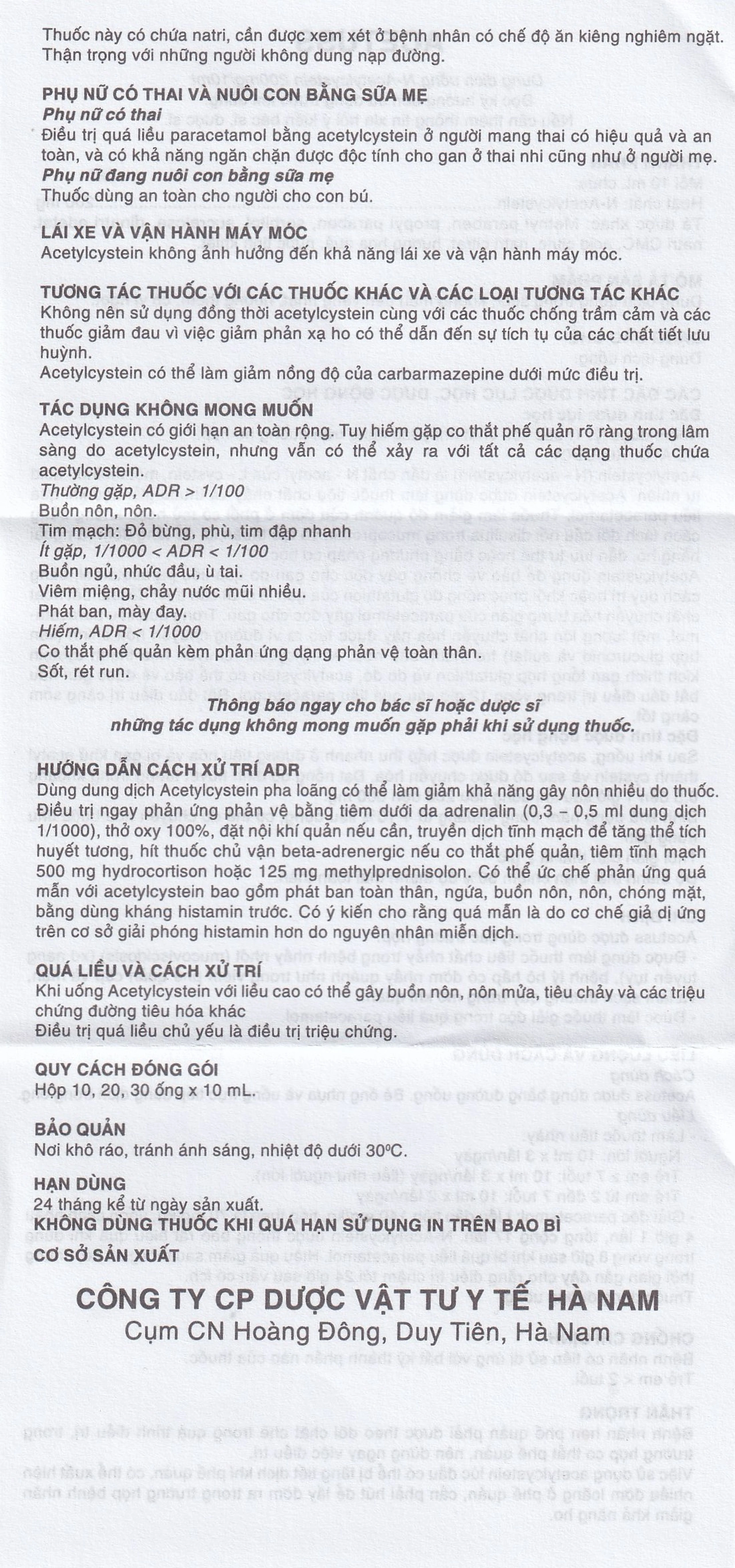 Dung dịch uống Acetuss Hà Nam tiêu nhầy trong bệnh viêm phế quản, bệnh nhầy nhớt (20 ống)
