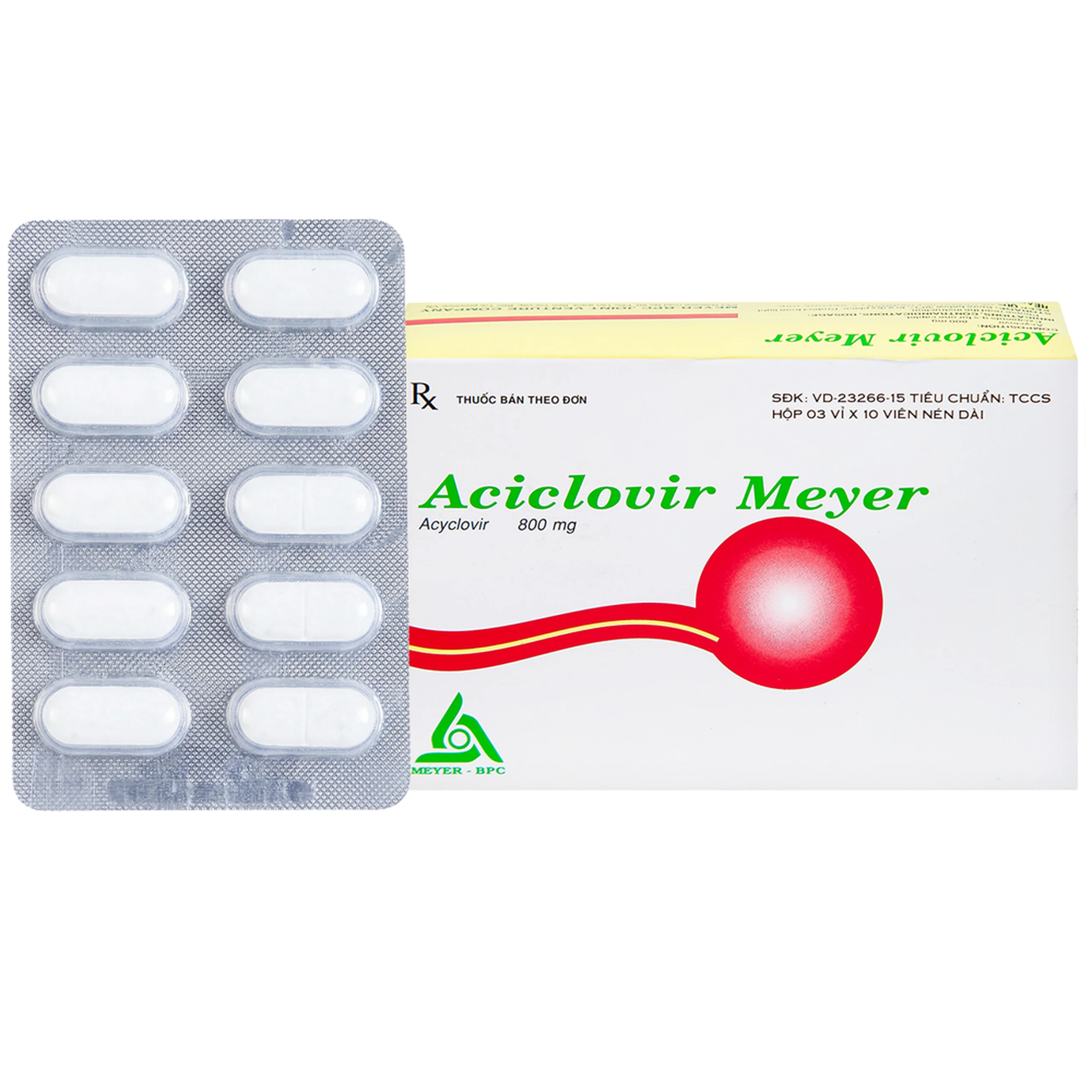 Thuốc Aciclovir 800mg Meyer điều trị nhiễm Herpes zoster, thủy đậu (3 vỉ x 10 viên)