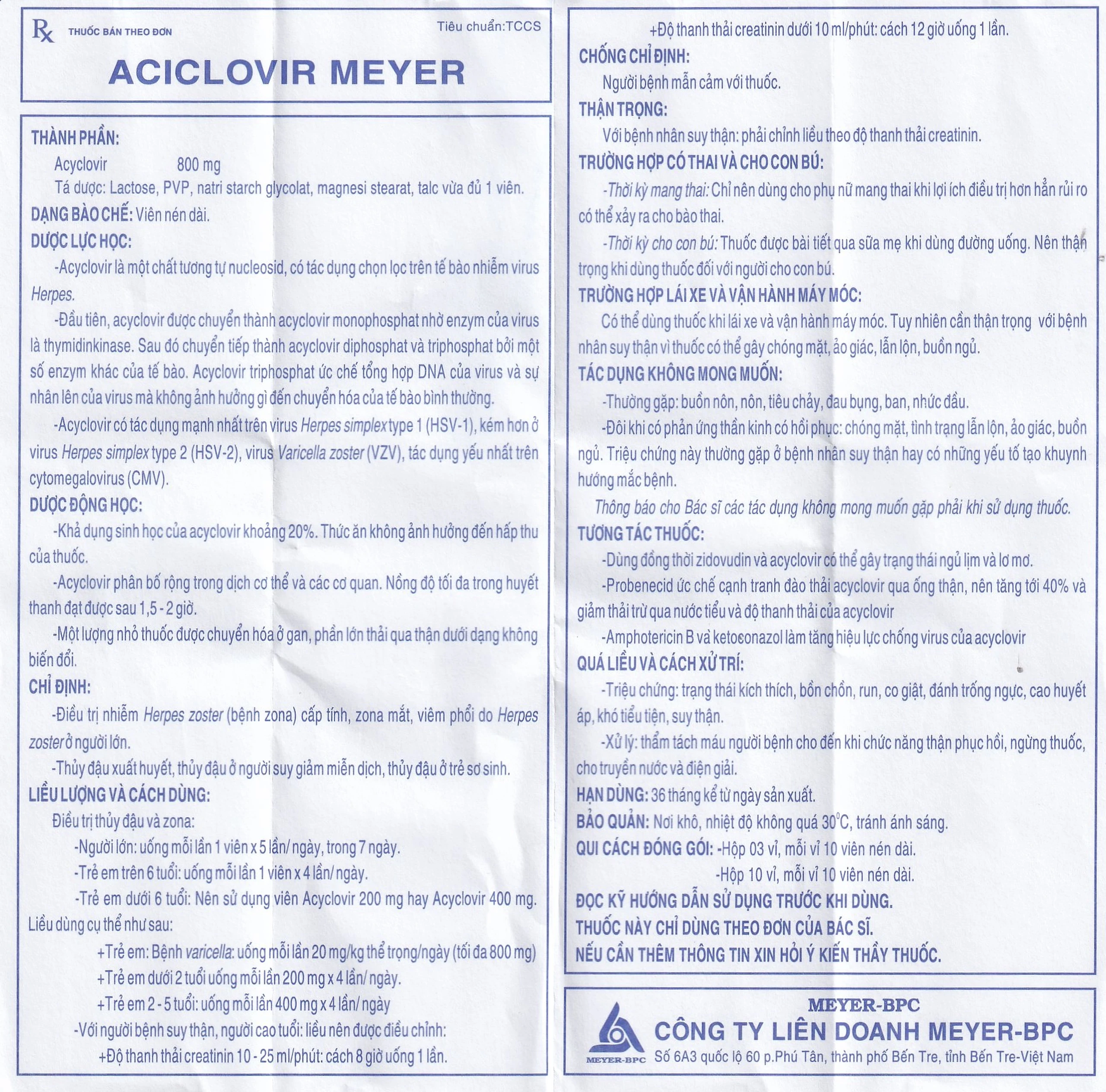Thuốc Aciclovir 800mg Meyer điều trị nhiễm Herpes zoster, thủy đậu (3 vỉ x 10 viên)