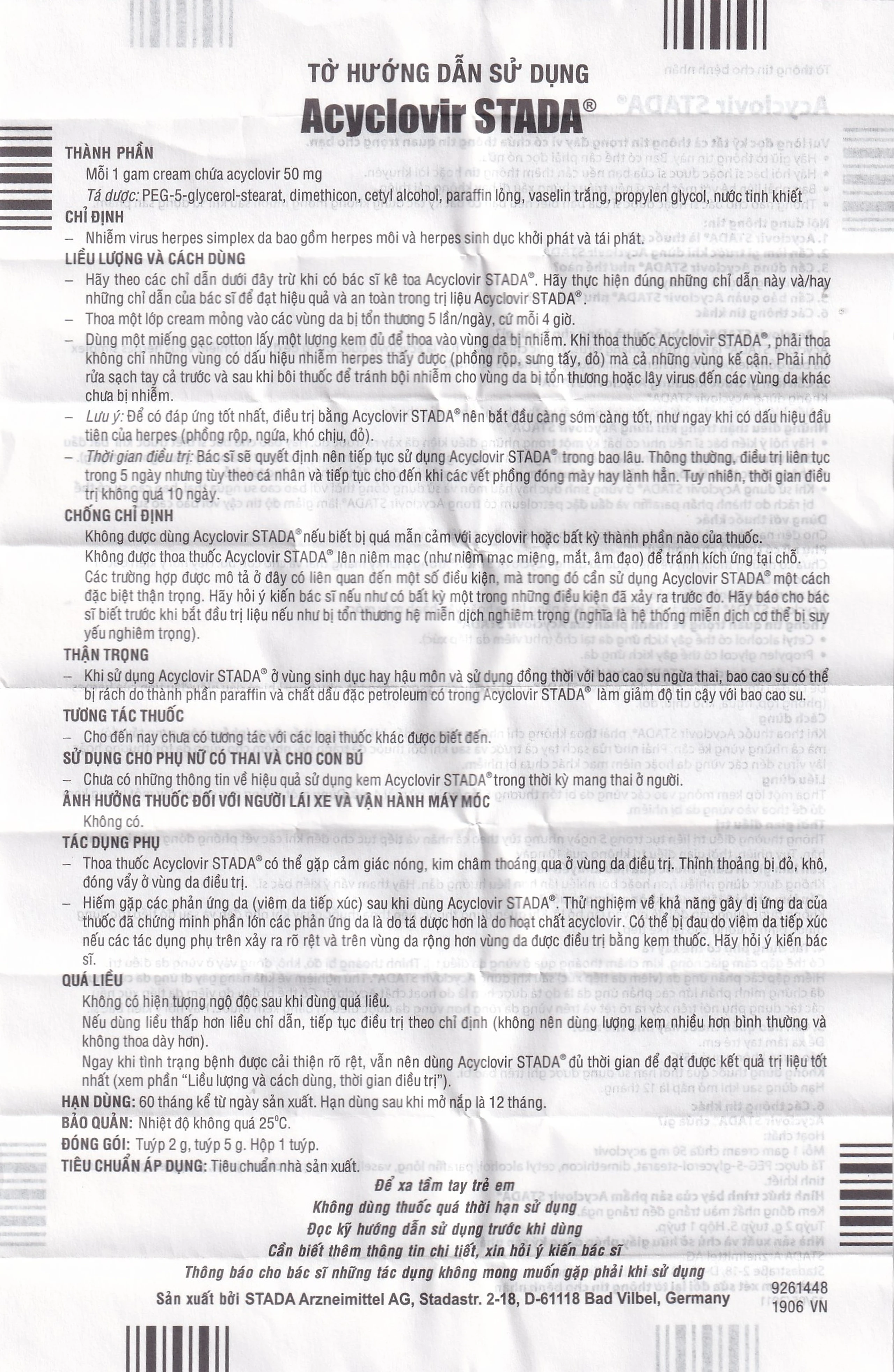 Kem bôi da Acyclovir Stada Cream điều trị nhiễm virus Herpes simplex (2g)