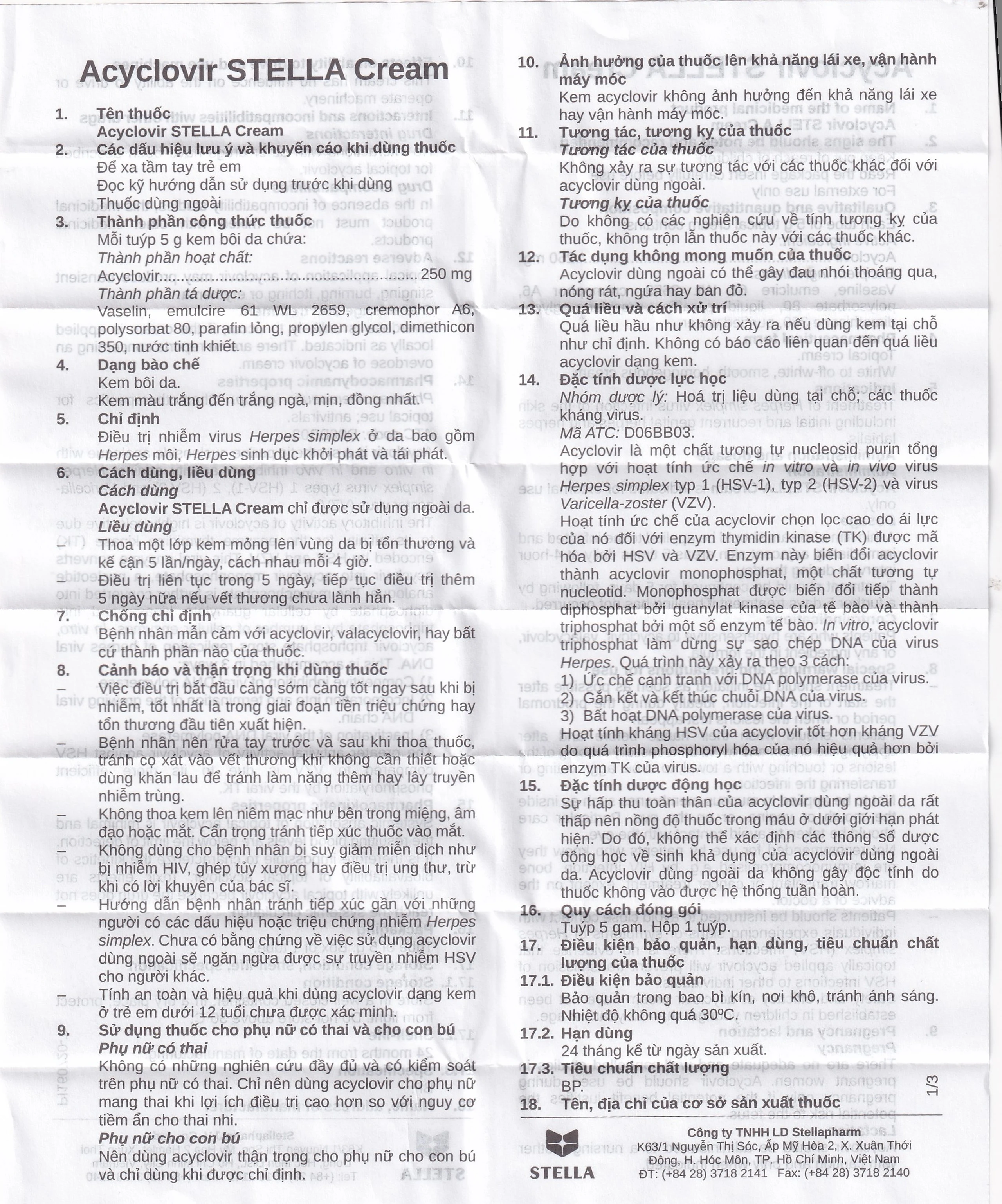 Kem bôi da Acyclovir Stella Cream (5g) điều trị nhiễm virus Herpes simplex